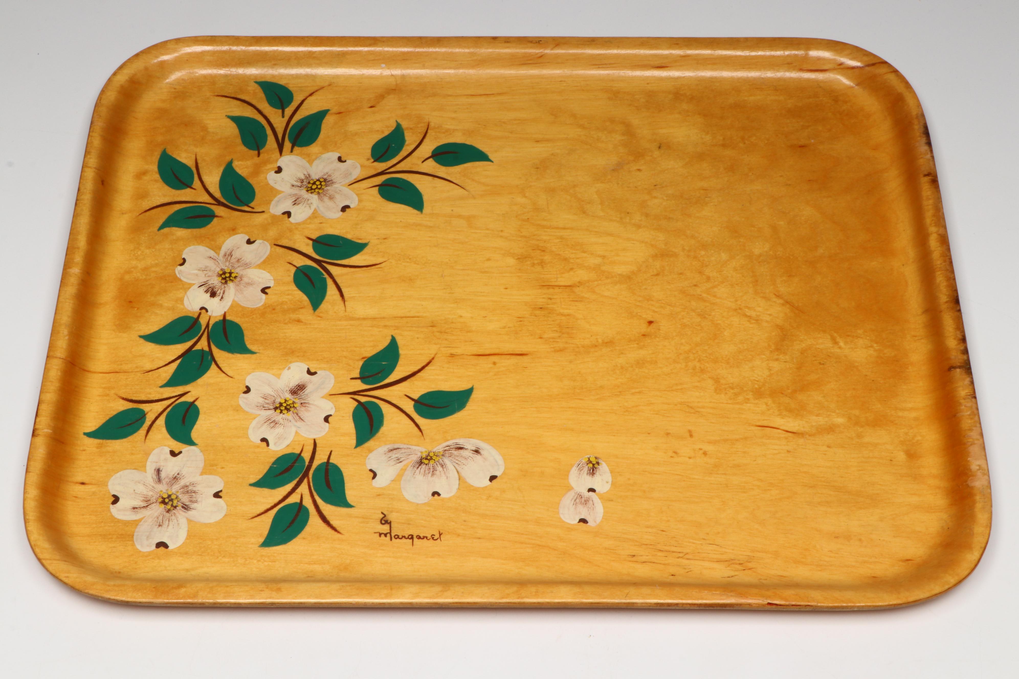 Mid Century Modern Karoff Wood Footed Serving Tray with Margaret Studios Tray