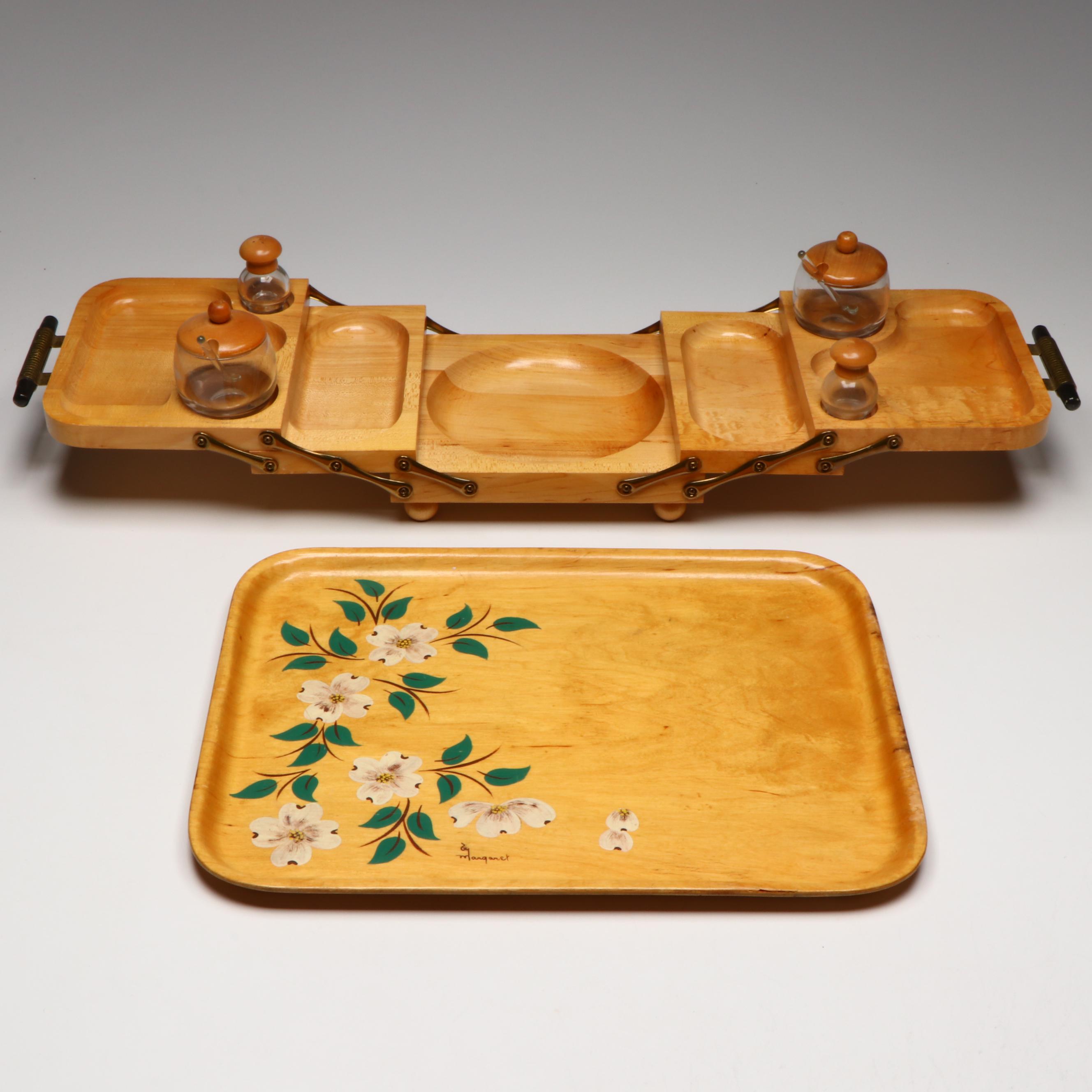 Mid Century Modern Karoff Wood Footed Serving Tray with Margaret Studios Tray