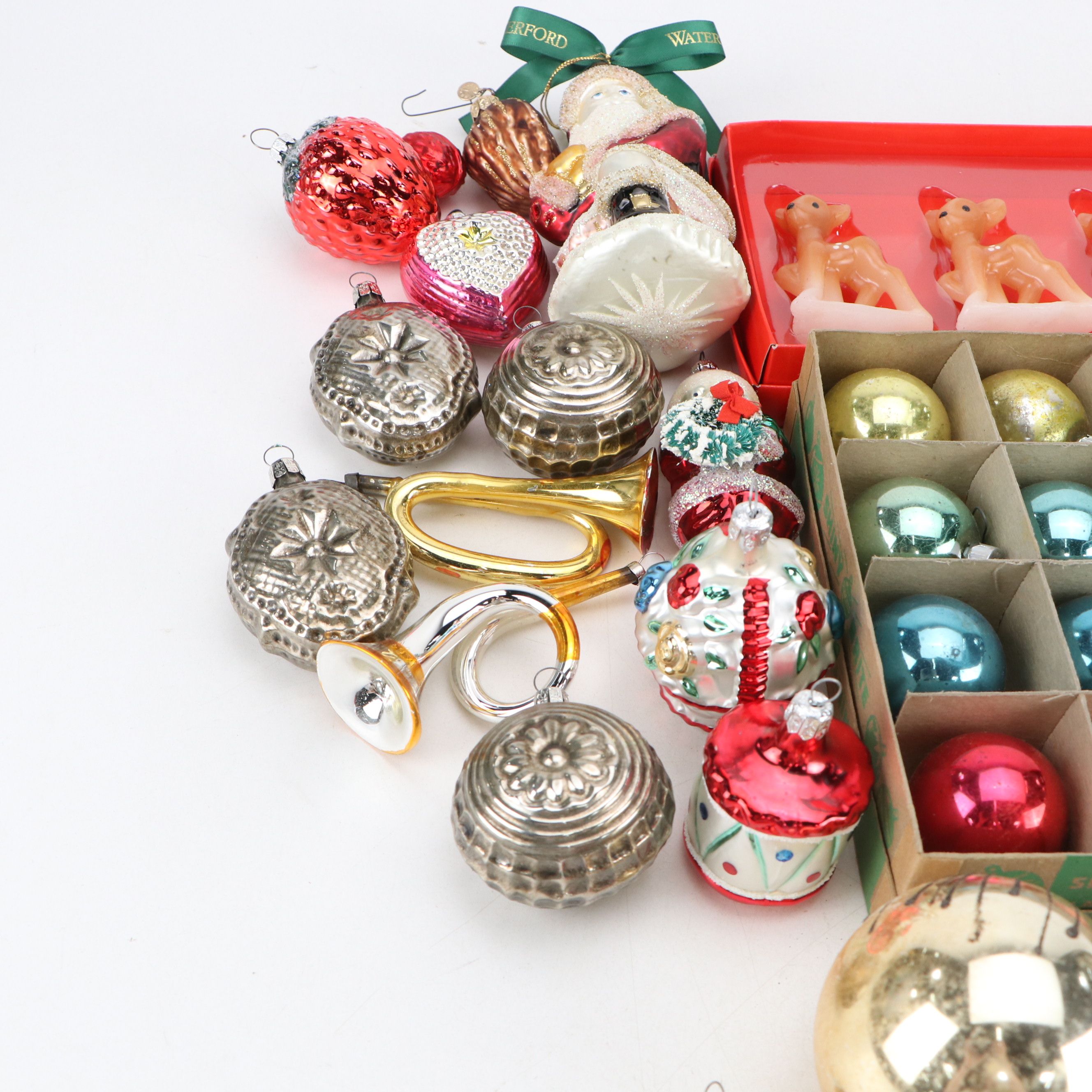 Shiny Brite, Waterford with Other Christmas Ornaments and Candles