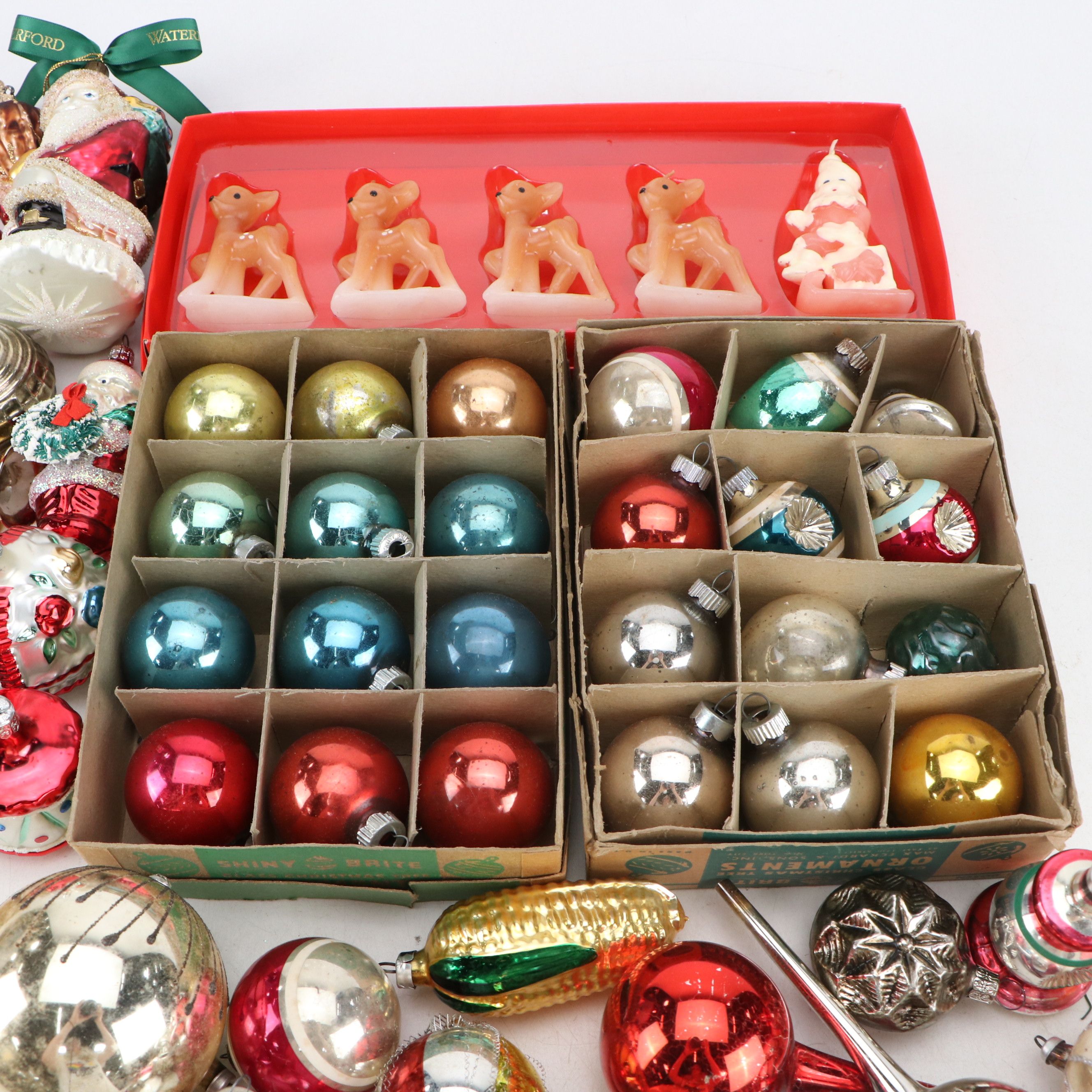 Shiny Brite, Waterford with Other Christmas Ornaments and Candles