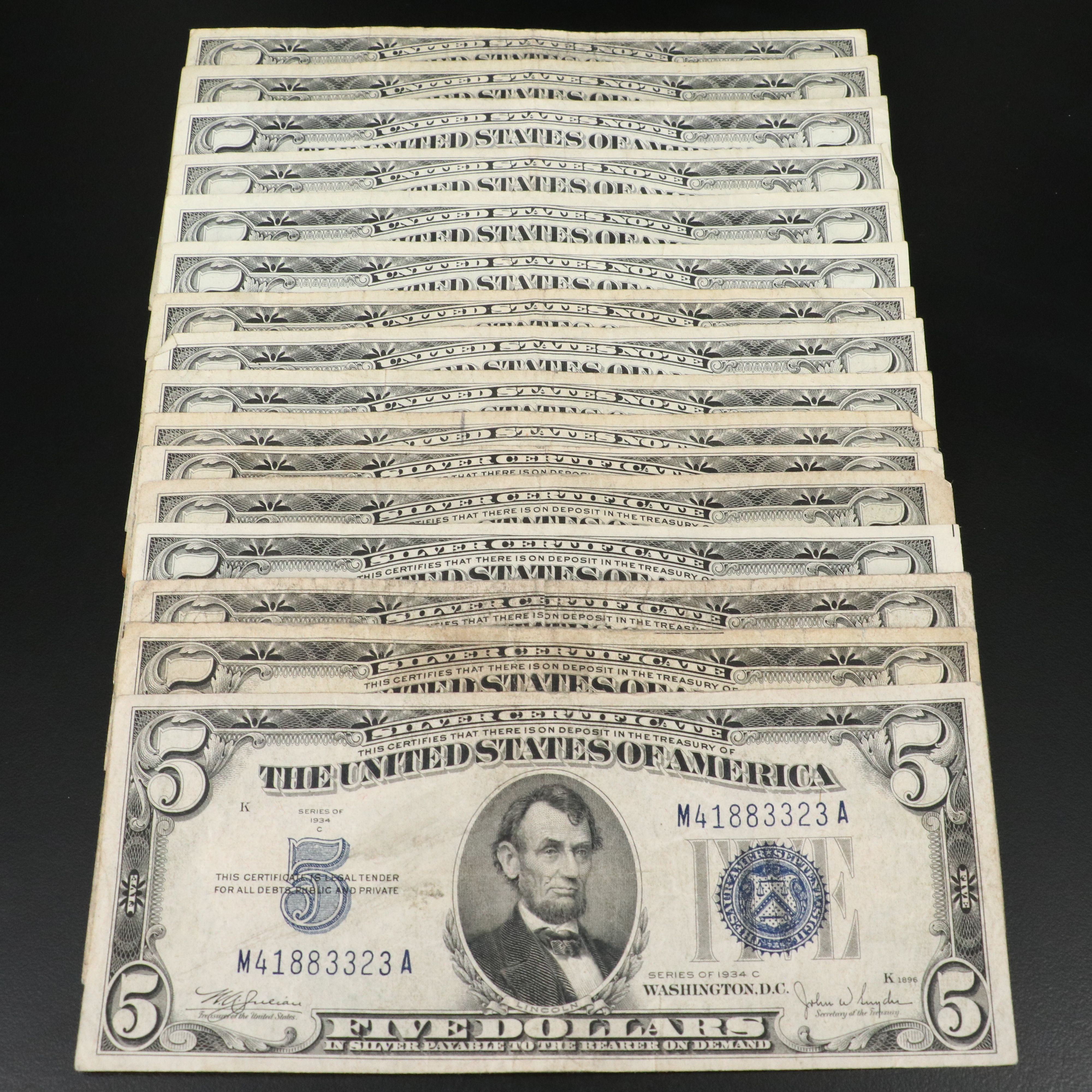 Sixteen Five Dollar Legal Tender and Silver Certificates