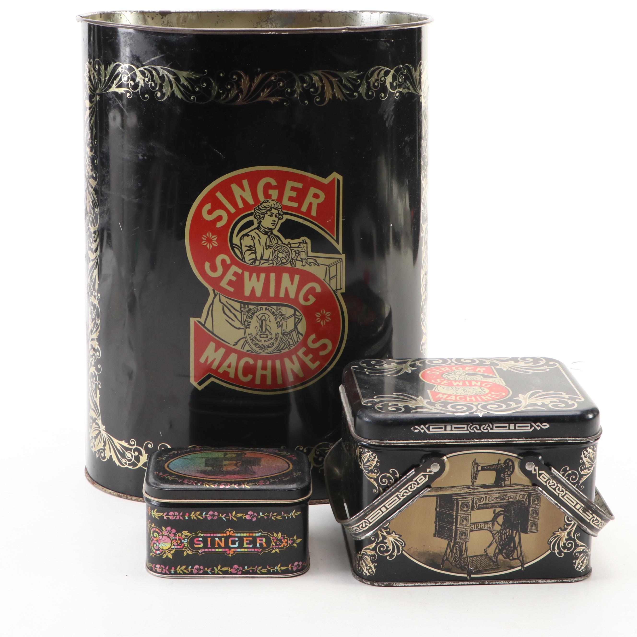 Tin Litho Singer Sewing Machine Theme Waste Bin with Lidded Boxes, Vintage