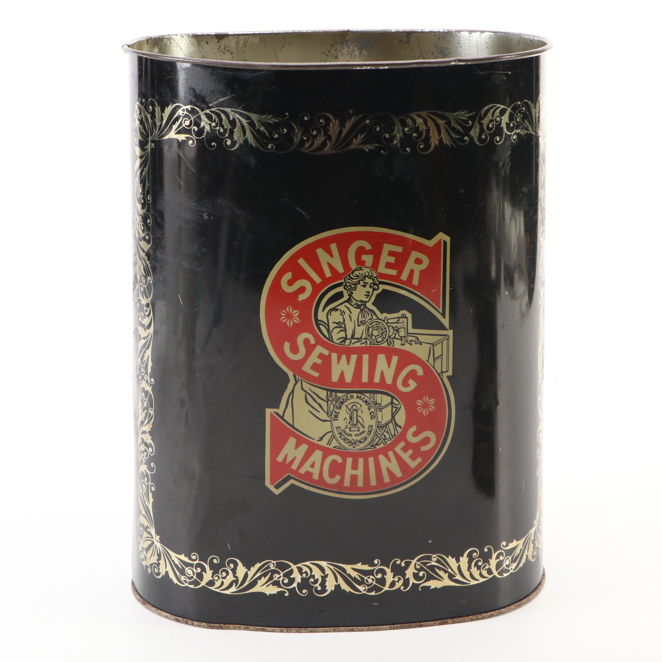 Tin Litho Singer Sewing Machine Theme Waste Bin with Lidded Boxes, Vintage