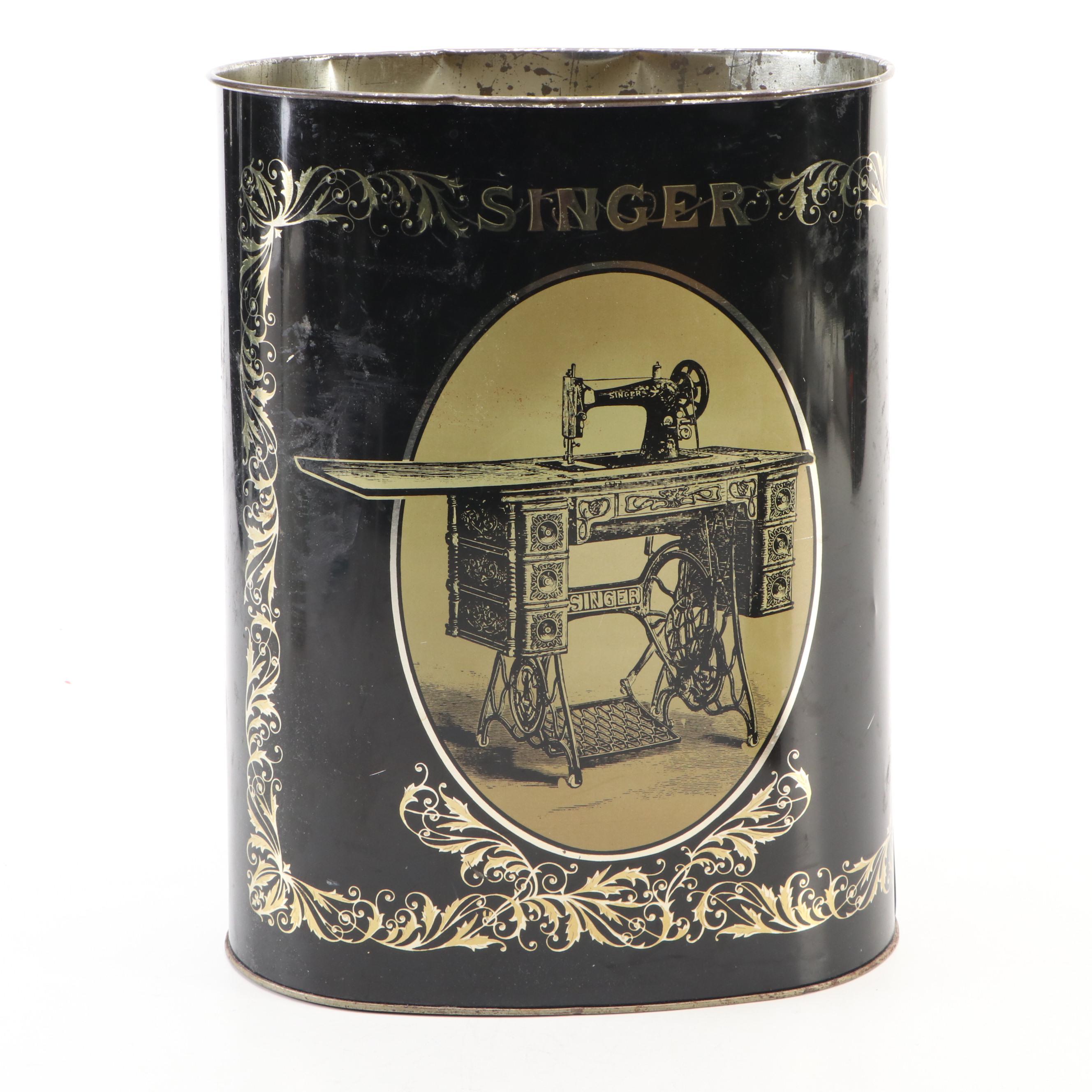 Tin Litho Singer Sewing Machine Theme Waste Bin with Lidded Boxes, Vintage
