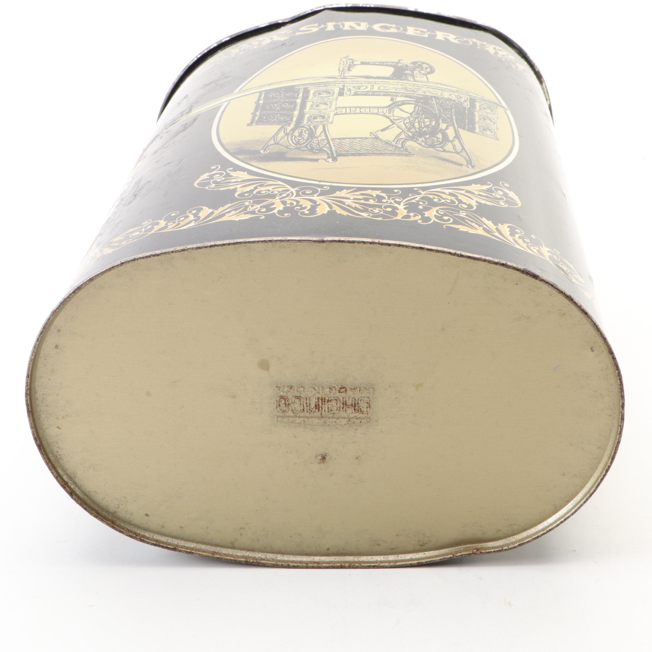 Tin Litho Singer Sewing Machine Theme Waste Bin with Lidded Boxes, Vintage