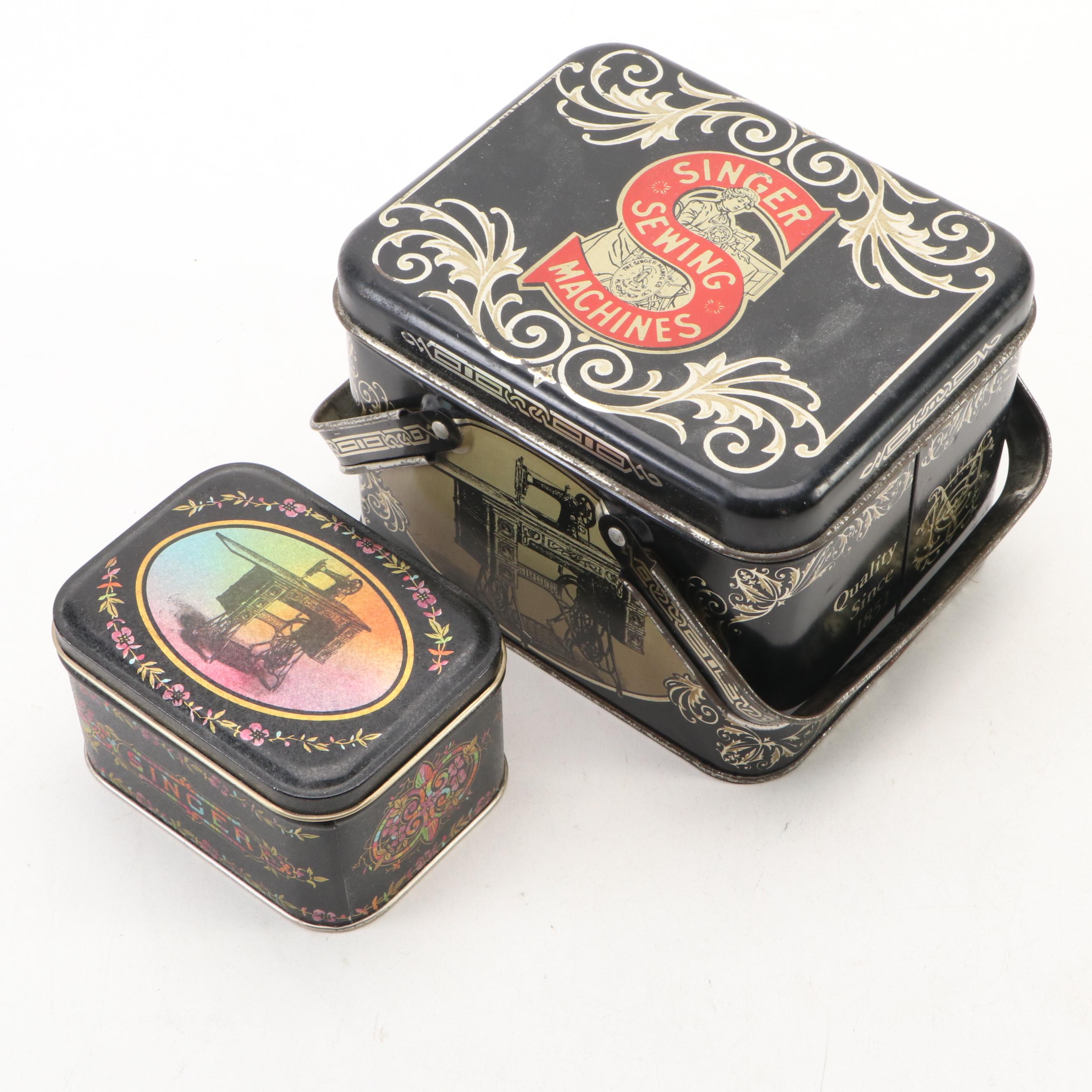 Tin Litho Singer Sewing Machine Theme Waste Bin with Lidded Boxes, Vintage