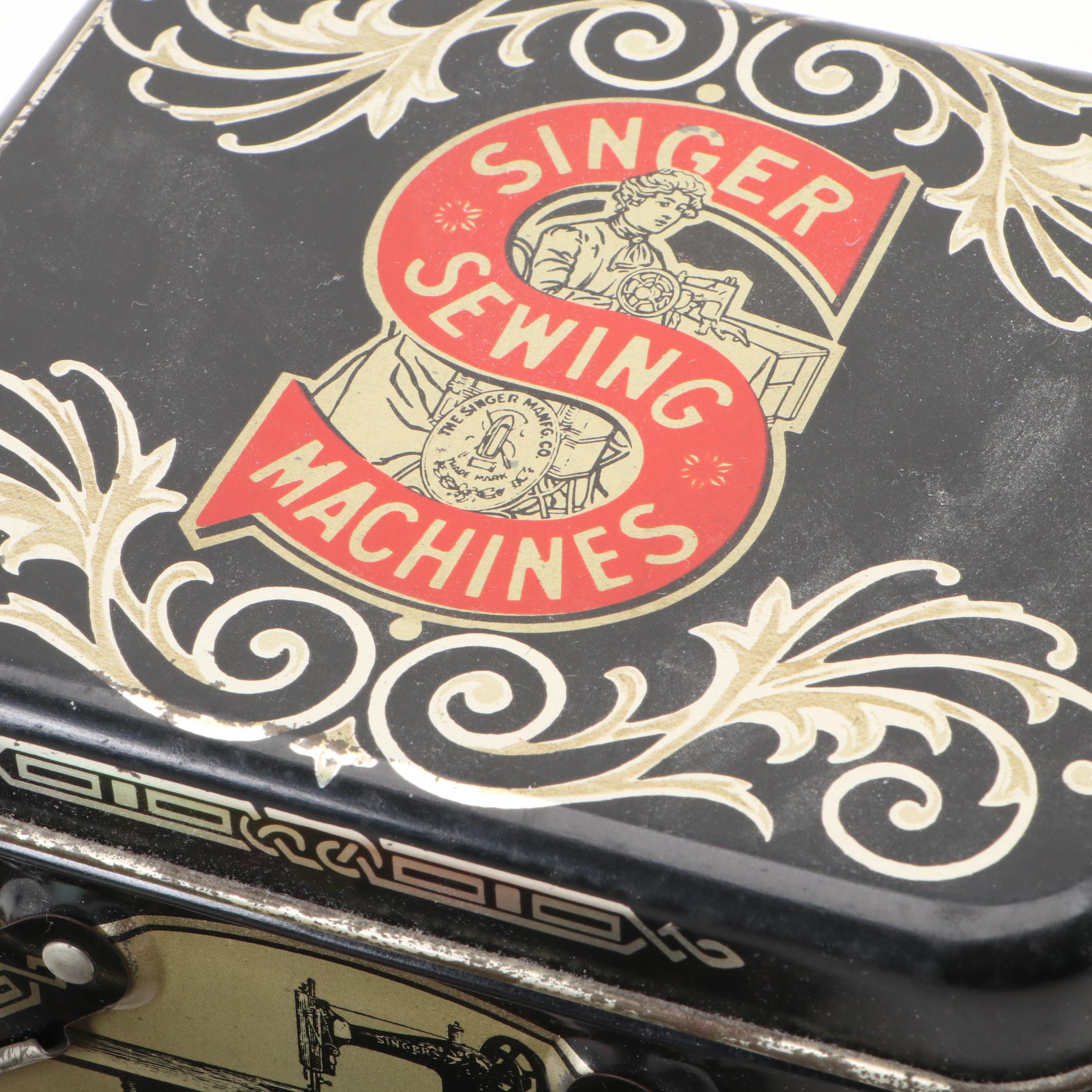 Tin Litho Singer Sewing Machine Theme Waste Bin with Lidded Boxes, Vintage