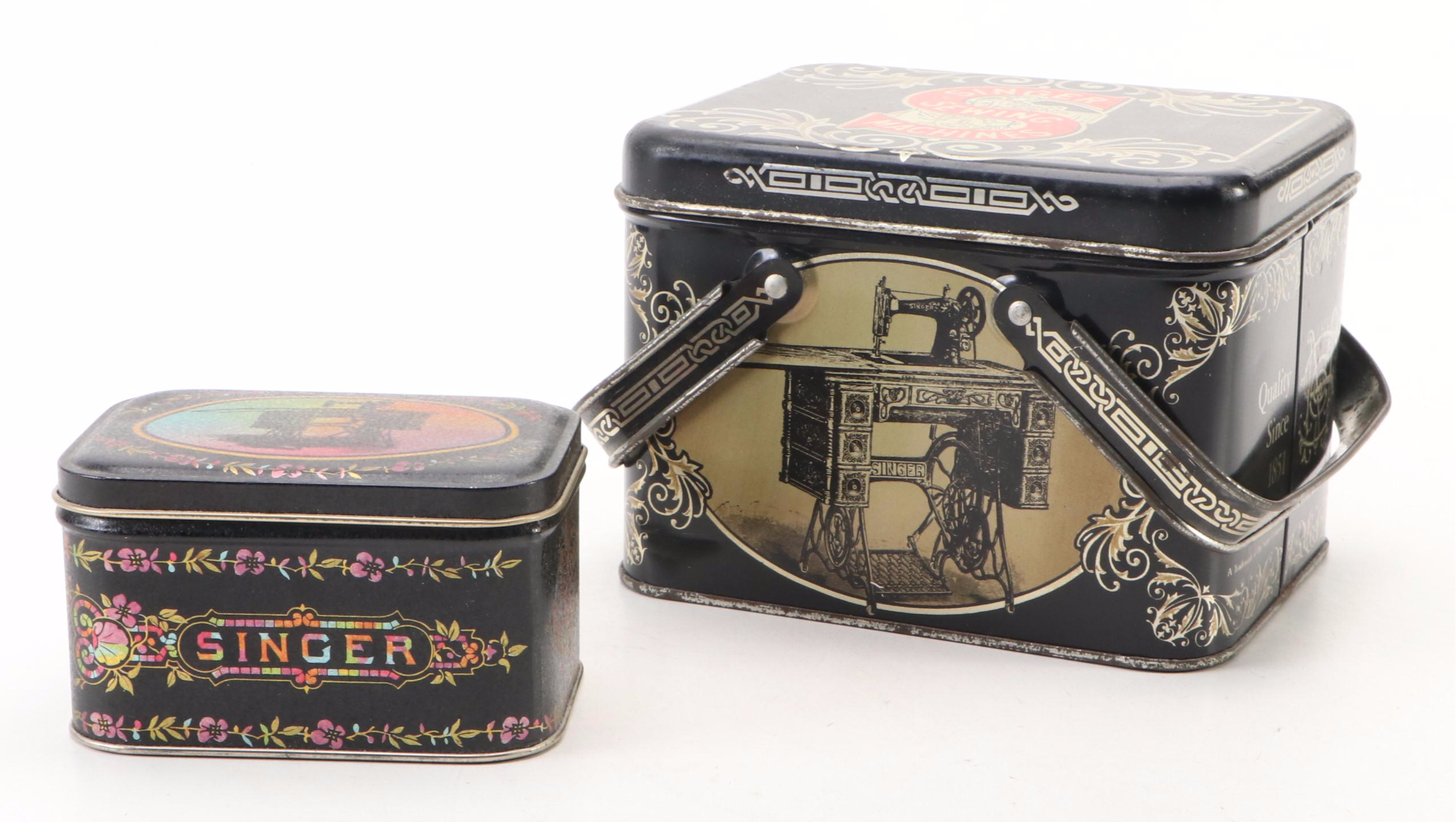 Tin Litho Singer Sewing Machine Theme Waste Bin with Lidded Boxes, Vintage