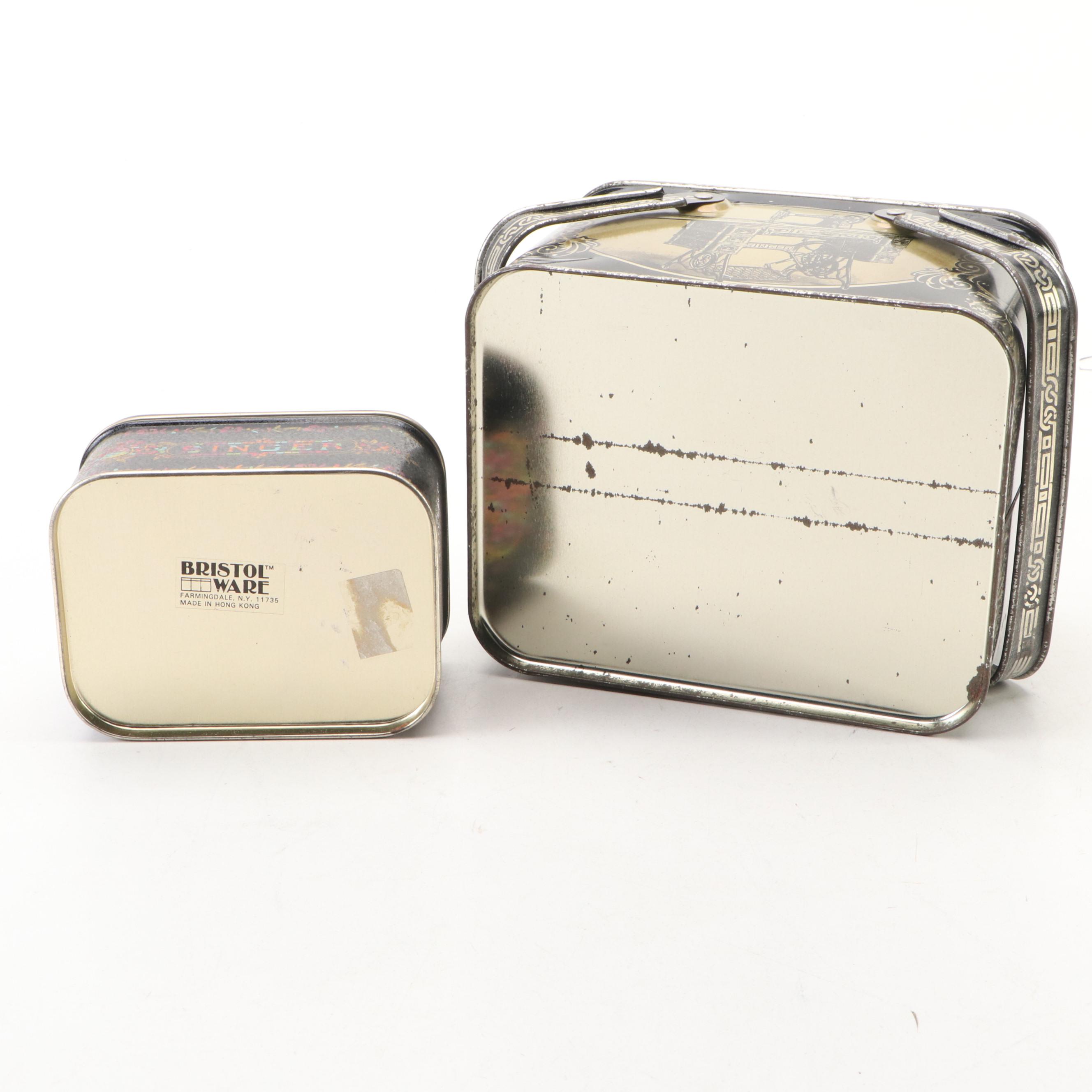 Tin Litho Singer Sewing Machine Theme Waste Bin with Lidded Boxes, Vintage