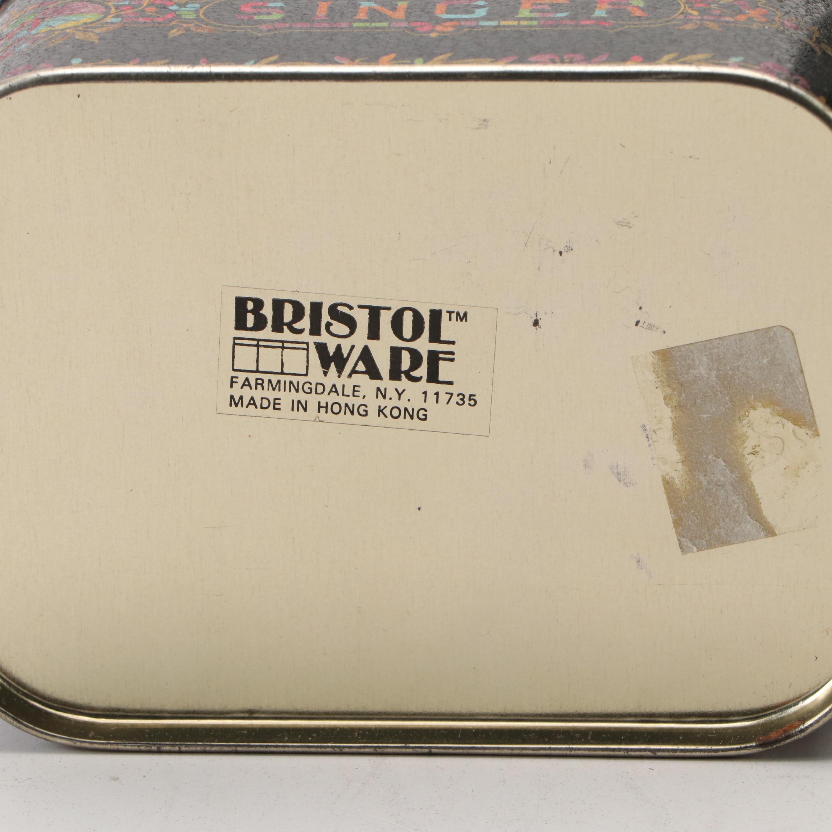 Tin Litho Singer Sewing Machine Theme Waste Bin with Lidded Boxes, Vintage