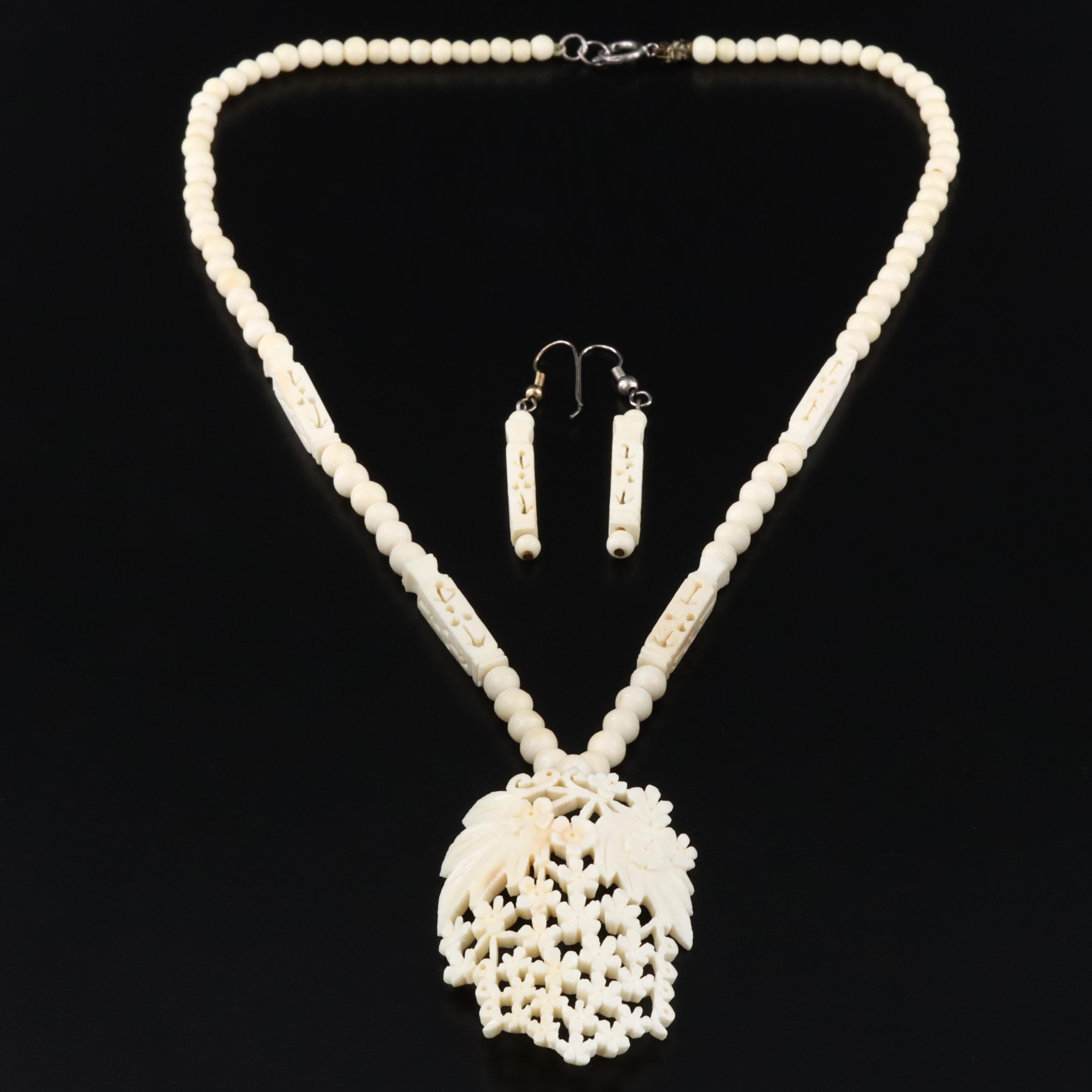 Carved Bone Floral Necklace and Earrings Set