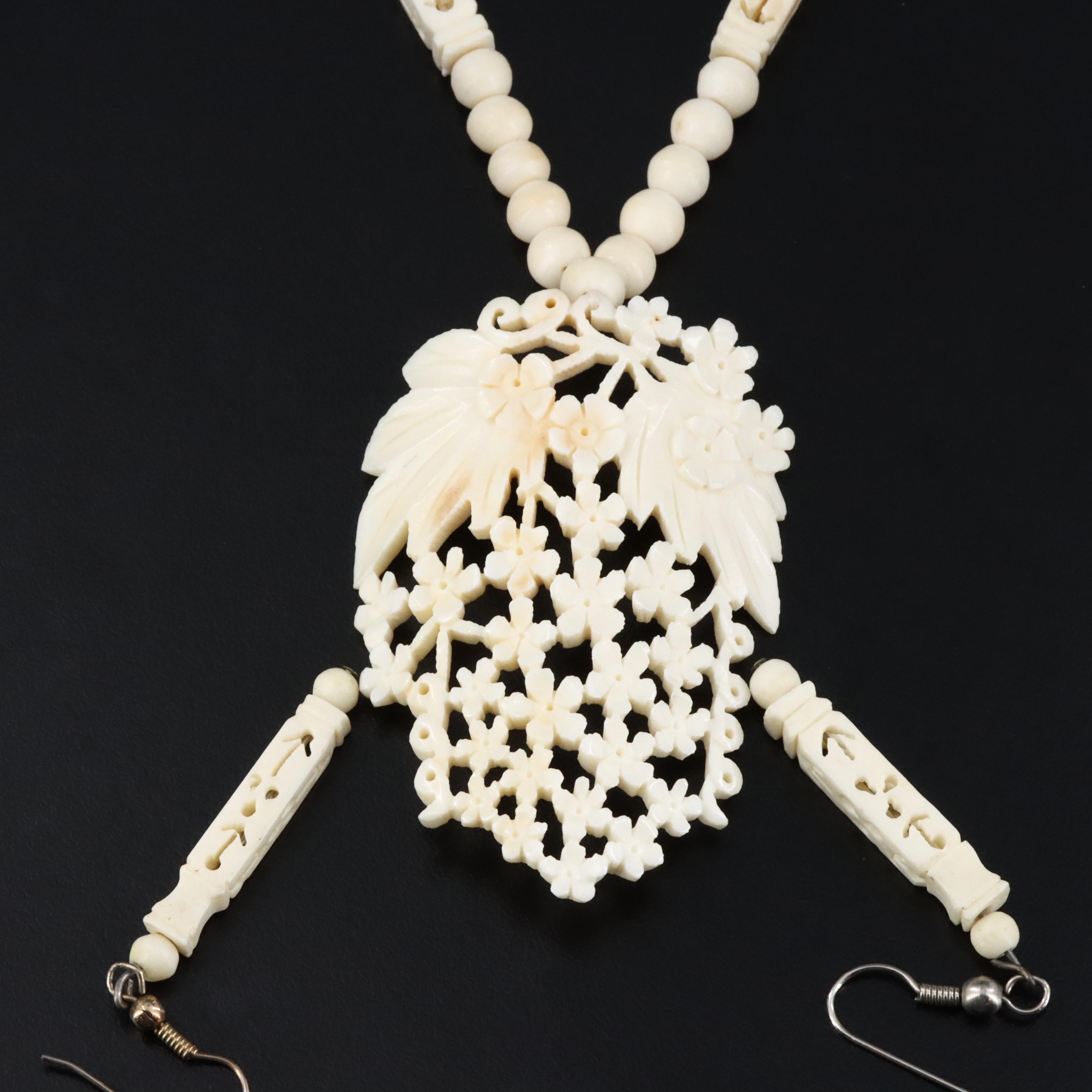 Carved Bone Floral Necklace and Earrings Set