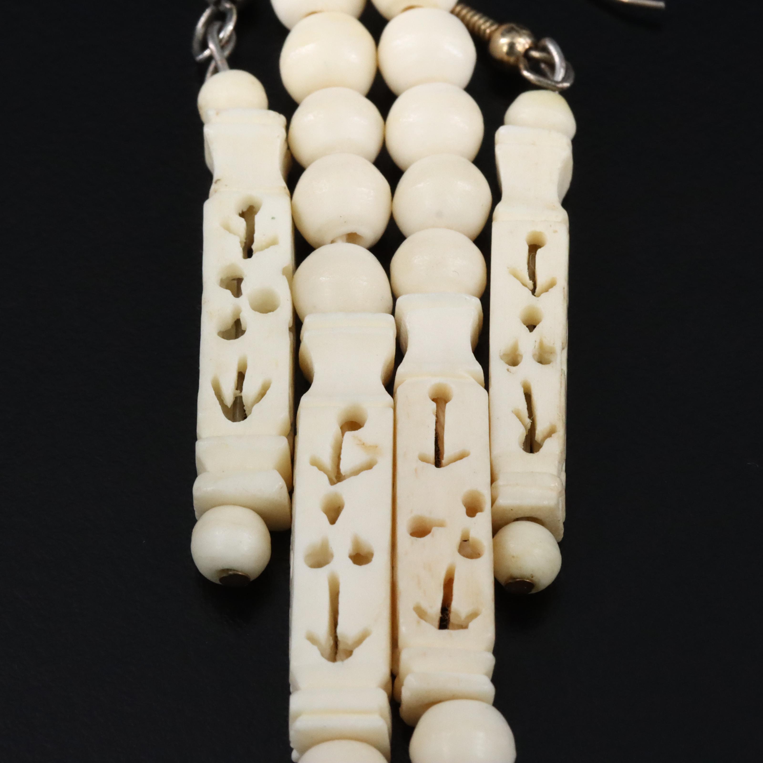 Carved Bone Floral Necklace and Earrings Set