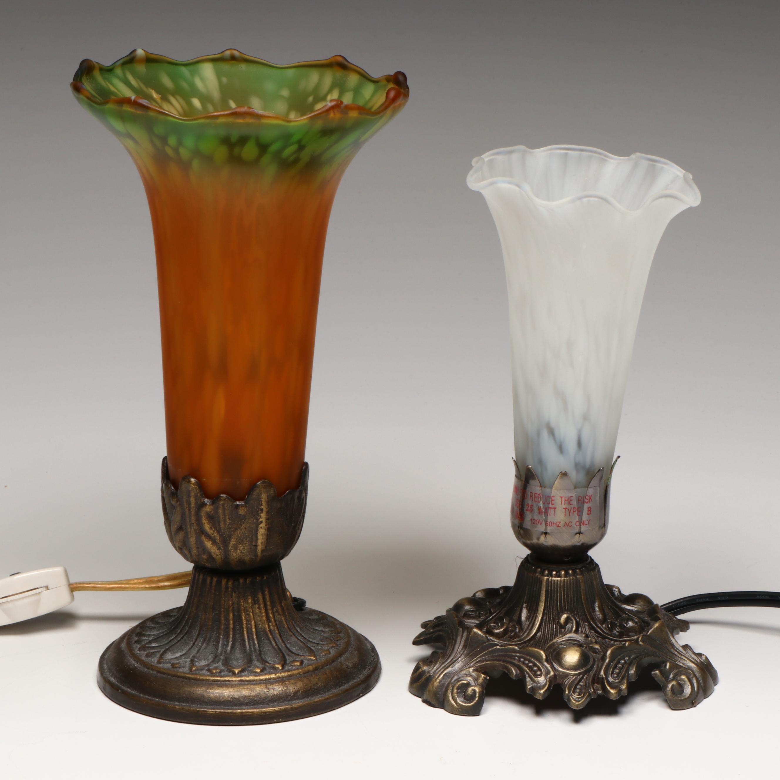 Art Nouveau Style Accent Lamps with Speckled Glass Trumpet Shades