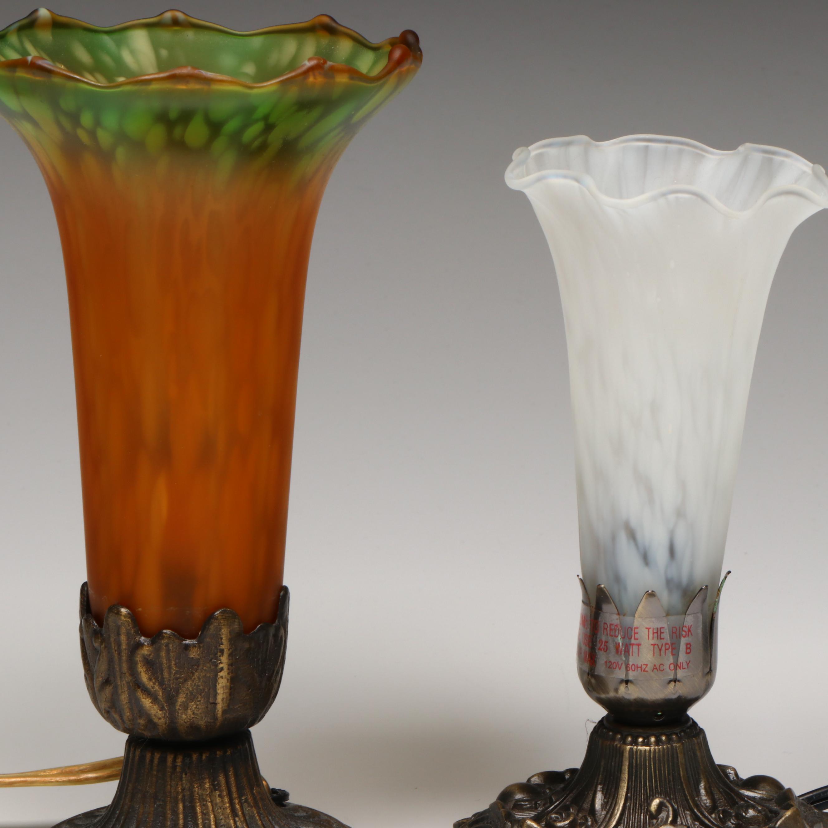 Art Nouveau Style Accent Lamps with Speckled Glass Trumpet Shades