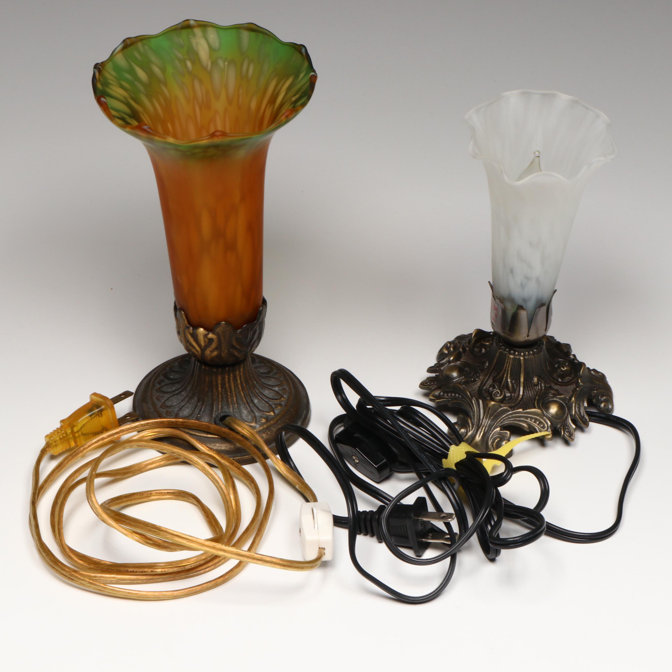 Art Nouveau Style Accent Lamps with Speckled Glass Trumpet Shades