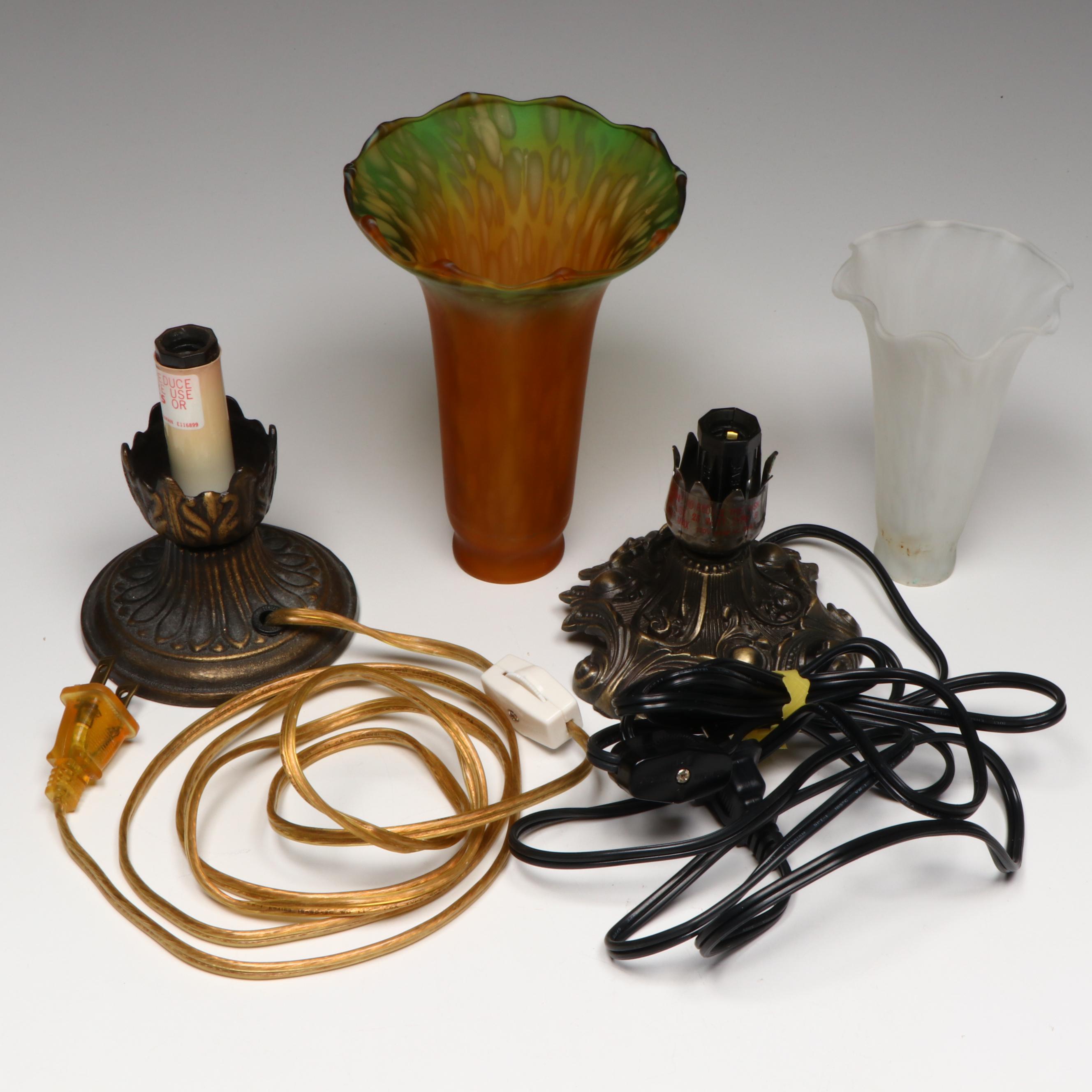 Art Nouveau Style Accent Lamps with Speckled Glass Trumpet Shades