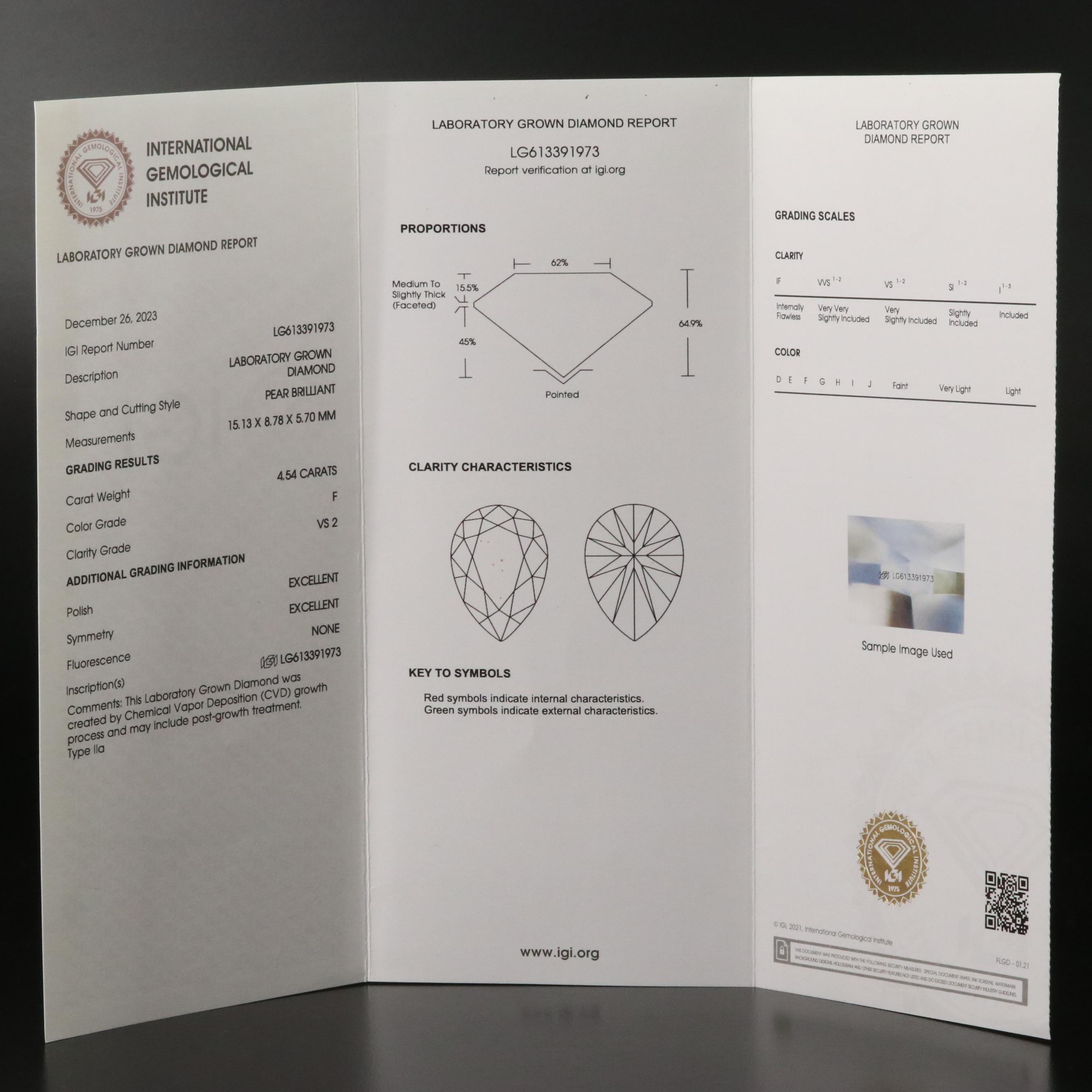 Loose 4.54 CT Lab Grown Diamond with IGI Report