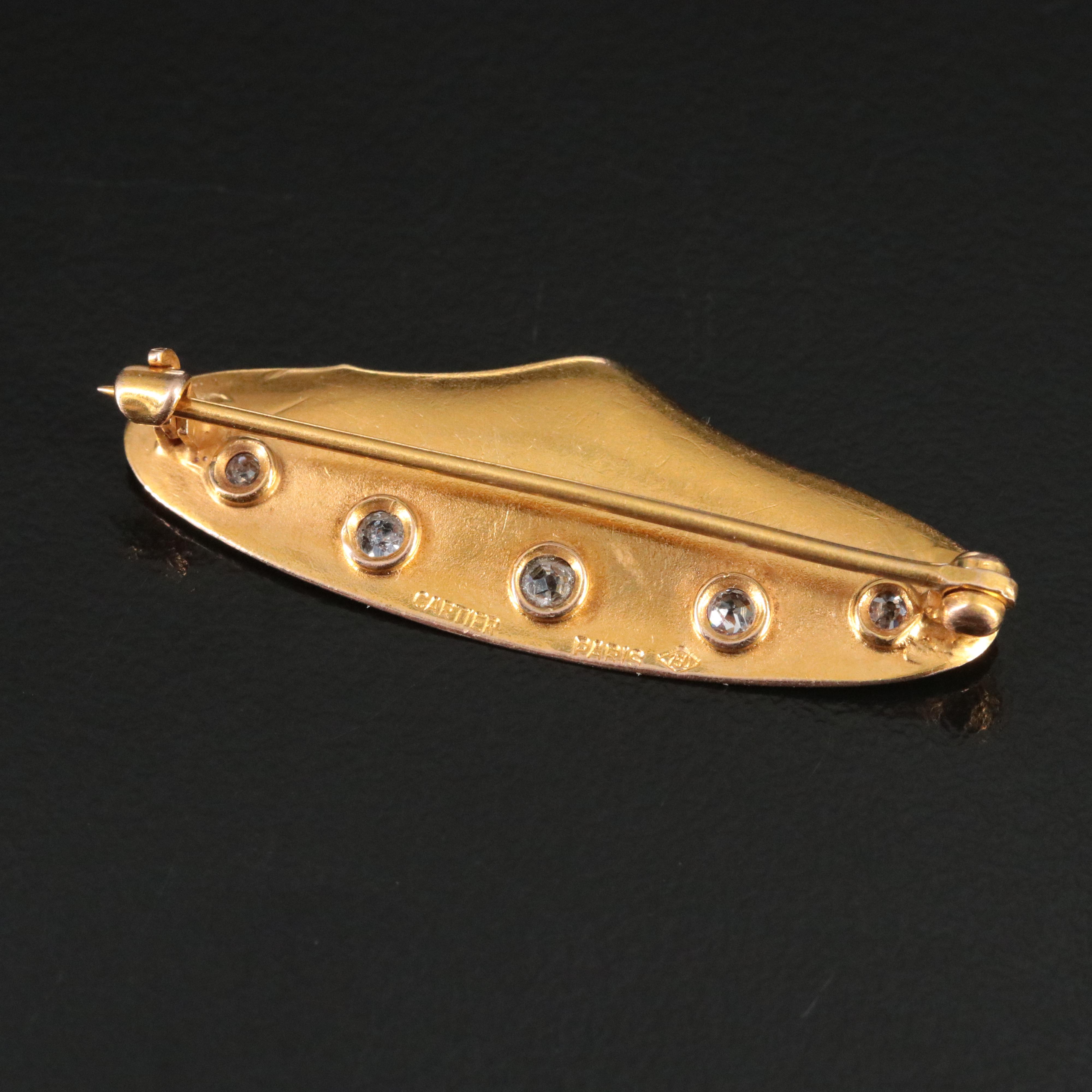 Cartier Art Nouveau 18K Scroll Brooch with Old European Cut Diamonds