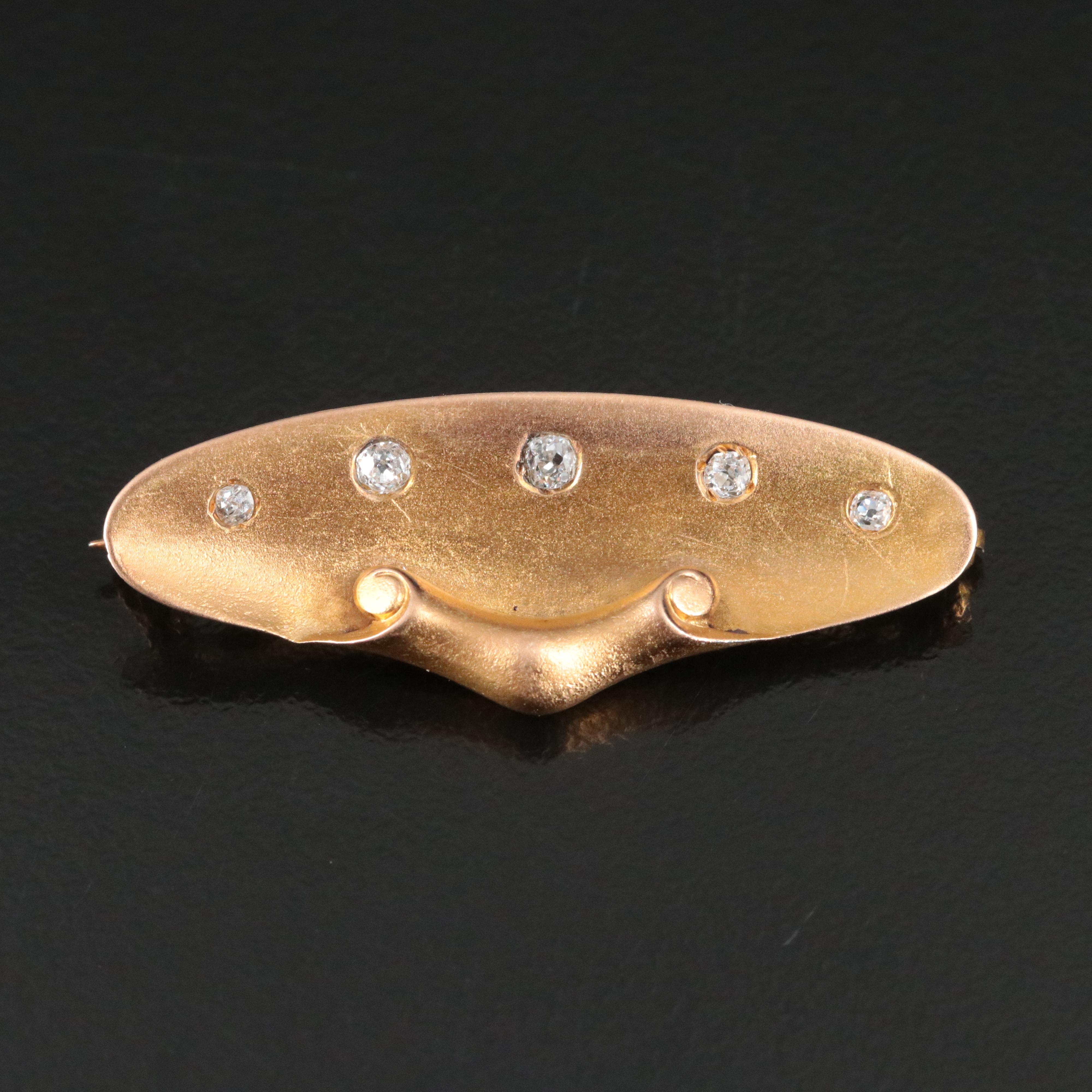 Cartier Art Nouveau 18K Scroll Brooch with Old European Cut Diamonds