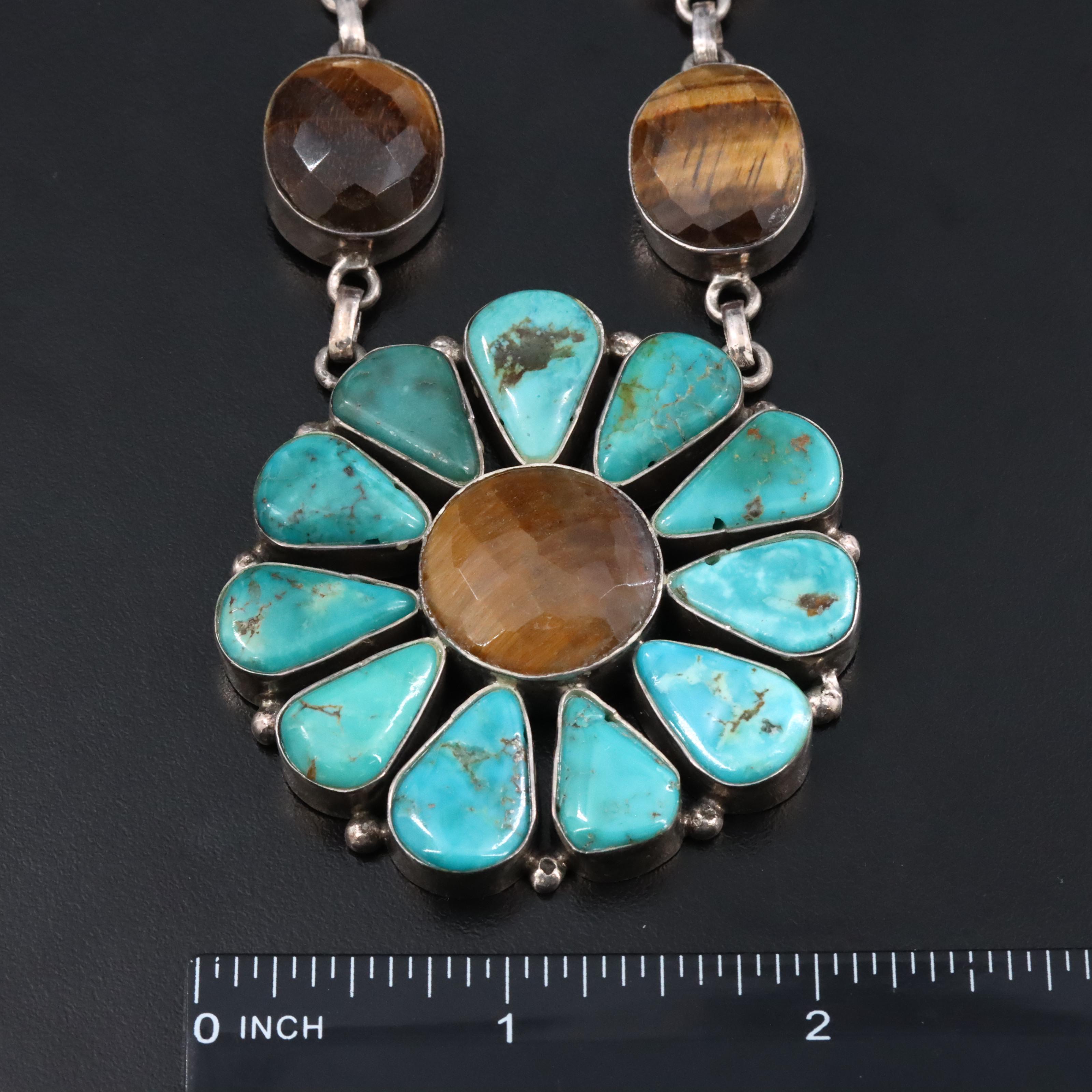 Sterling Turquoise and Tiger's Eye Flower Necklace