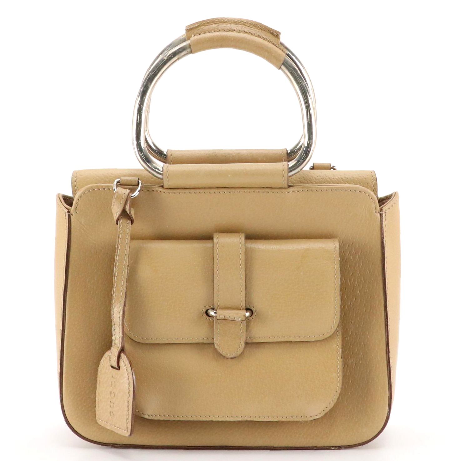 Gucci Front Pocket Metal Ring Handbag in Brown Leather