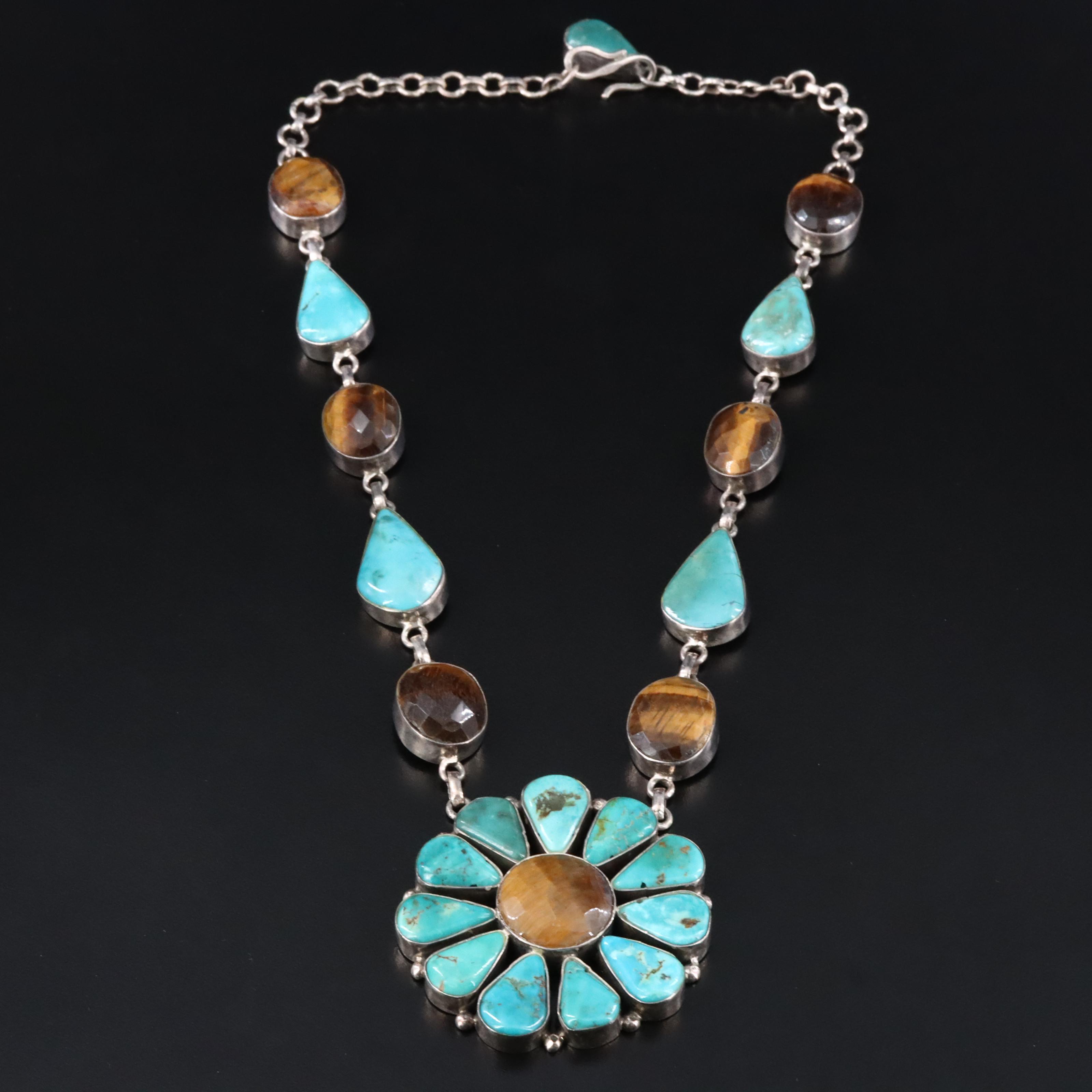 Sterling Turquoise and Tiger's Eye Flower Necklace