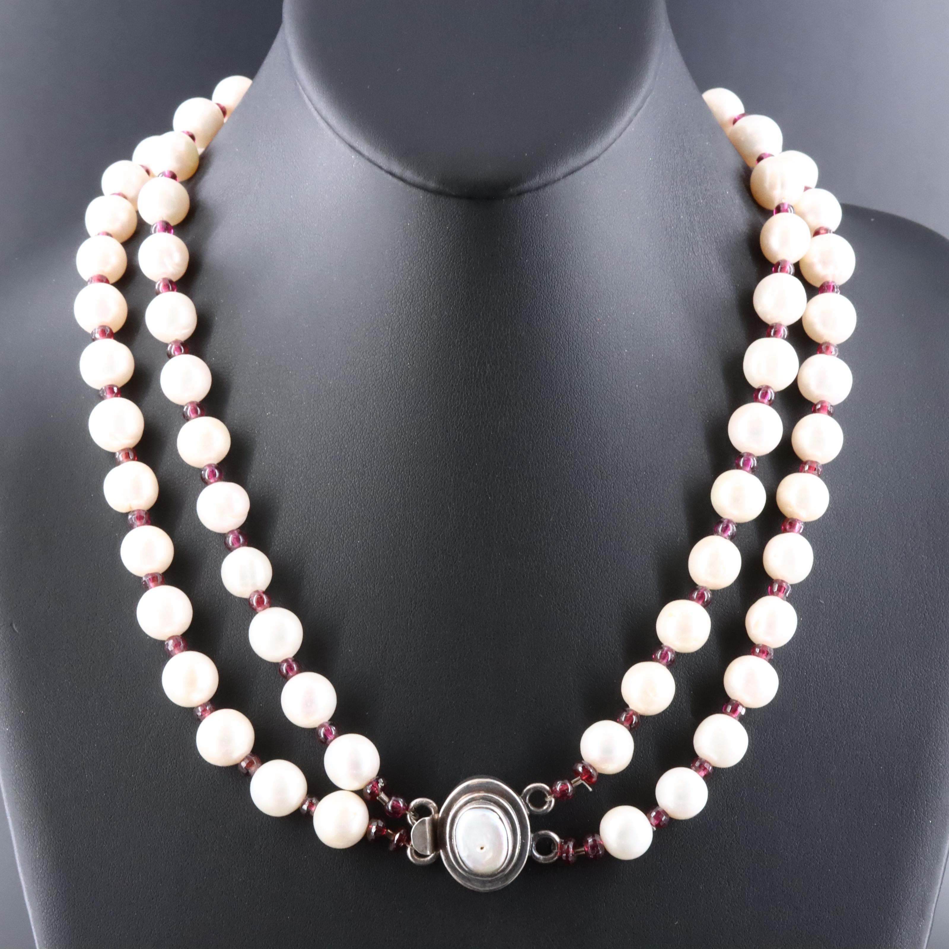 Double Strand Pearl and Garnet Necklace with Sterling Clasp