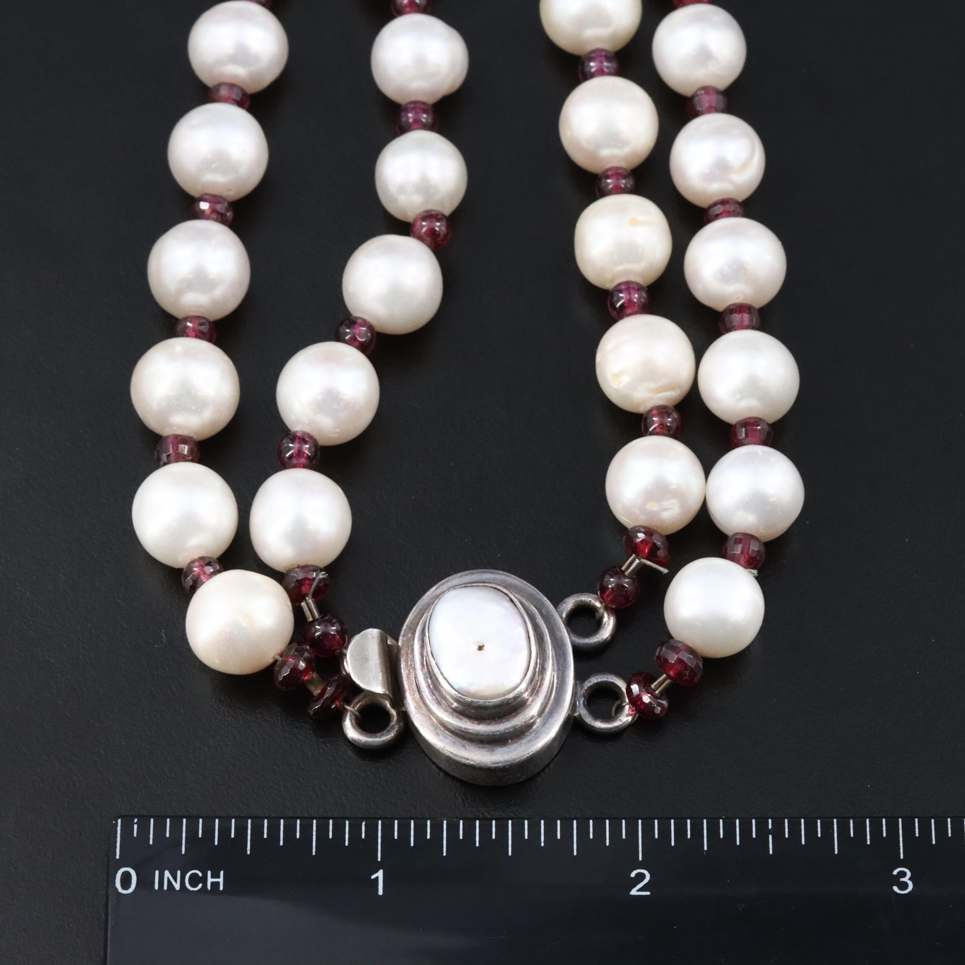 Double Strand Pearl and Garnet Necklace with Sterling Clasp