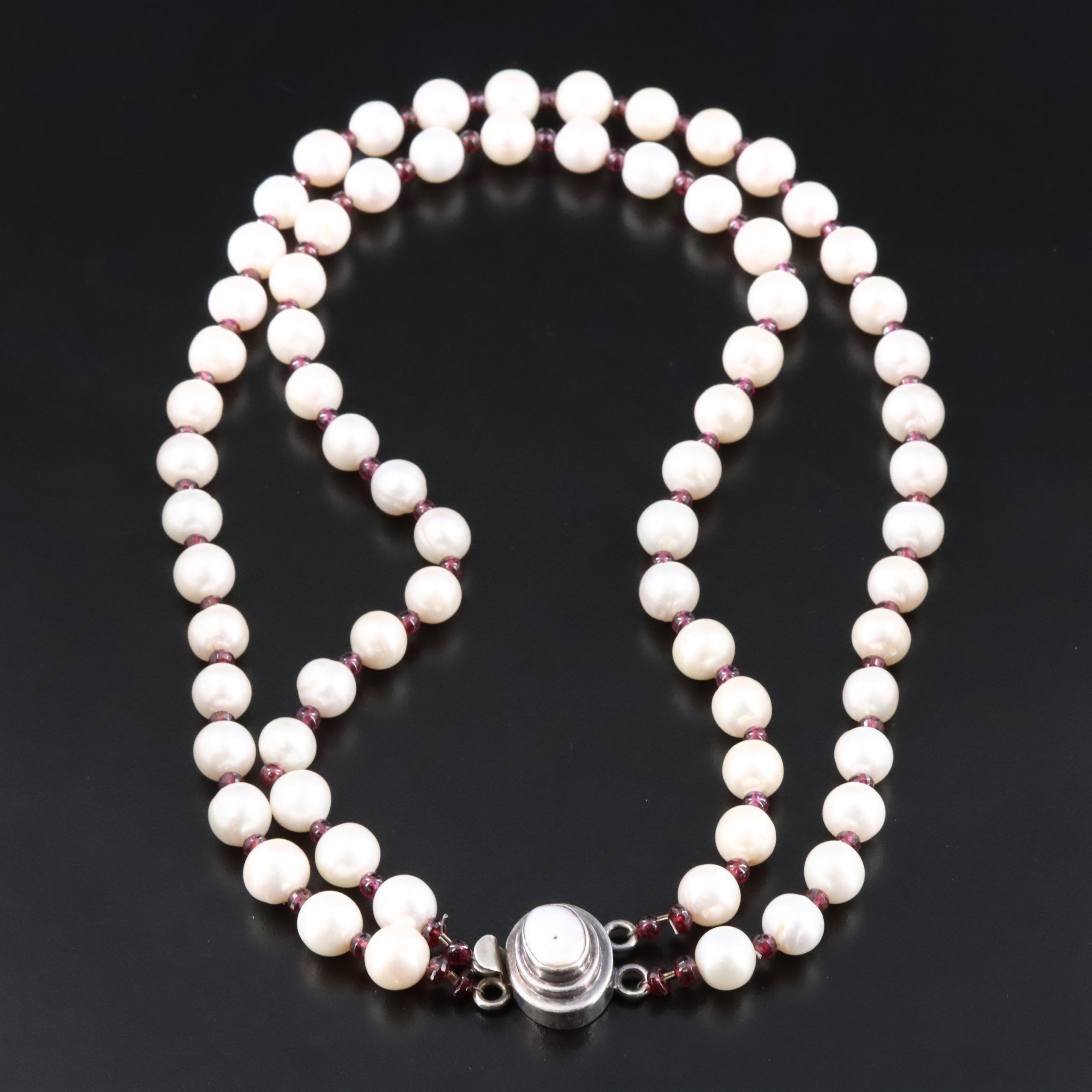 Double Strand Pearl and Garnet Necklace with Sterling Clasp