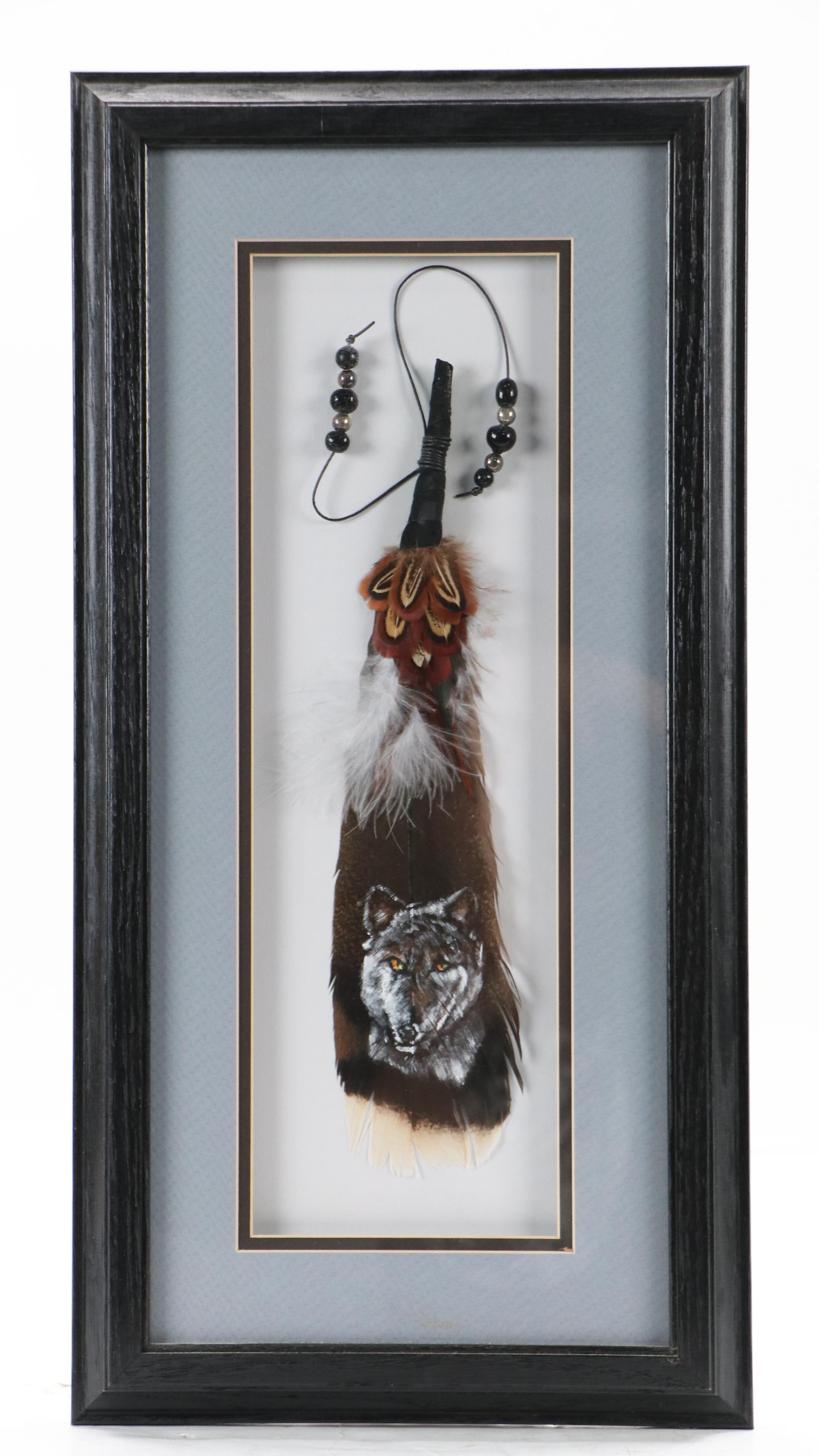 American Southwestern Themed Artwork Including Two Prints and Painted Feather