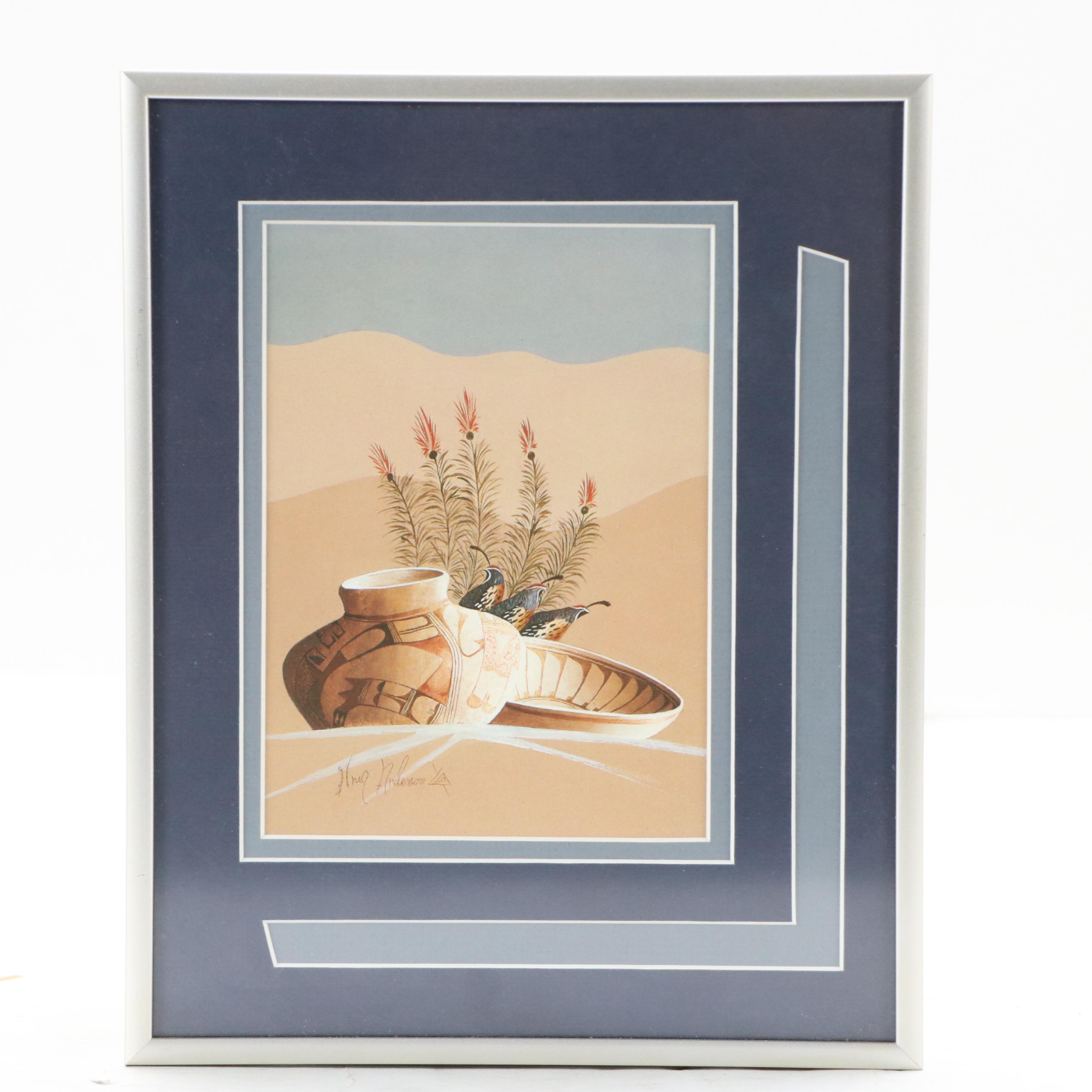 American Southwestern Themed Artwork Including Two Prints and Painted Feather