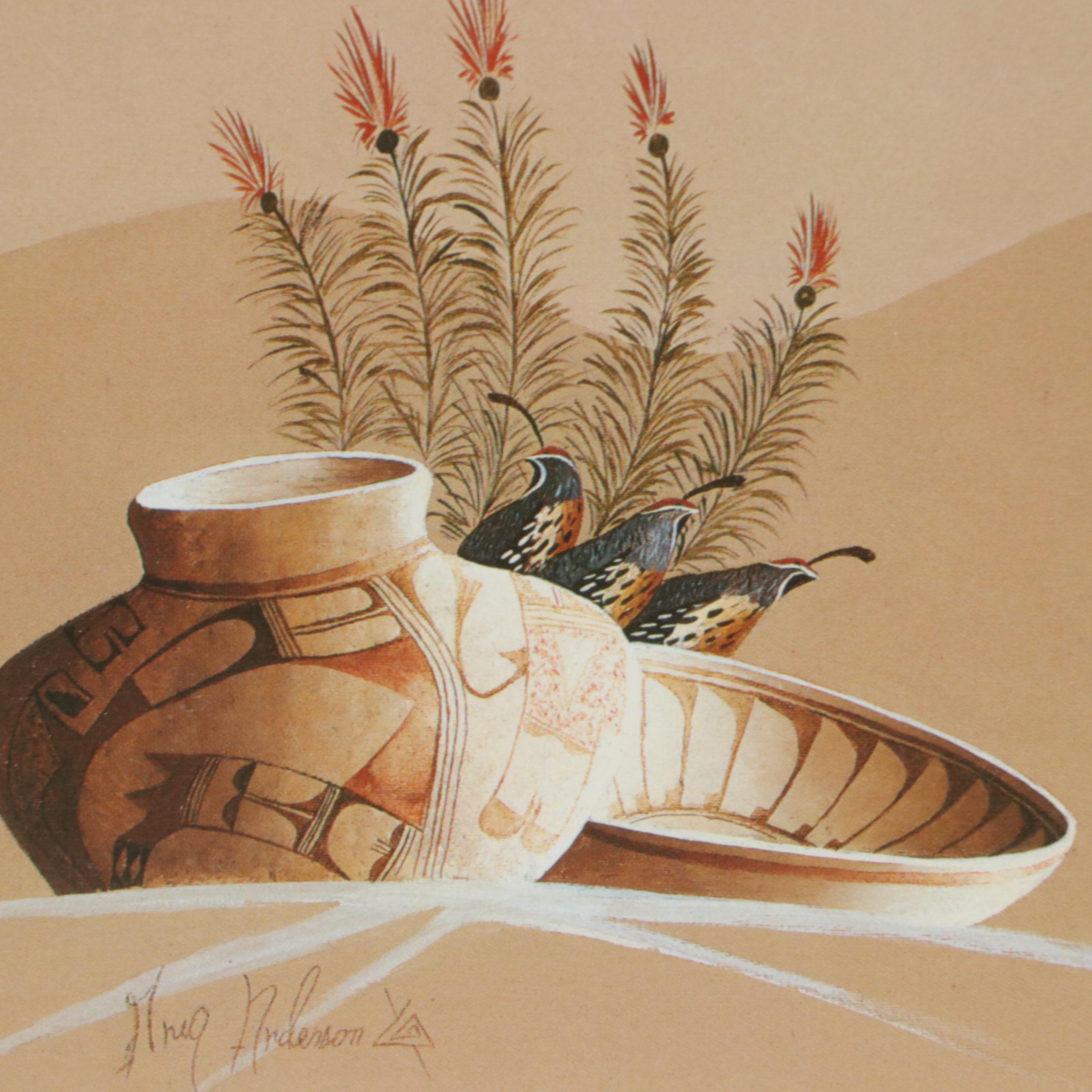 American Southwestern Themed Artwork Including Two Prints and Painted Feather