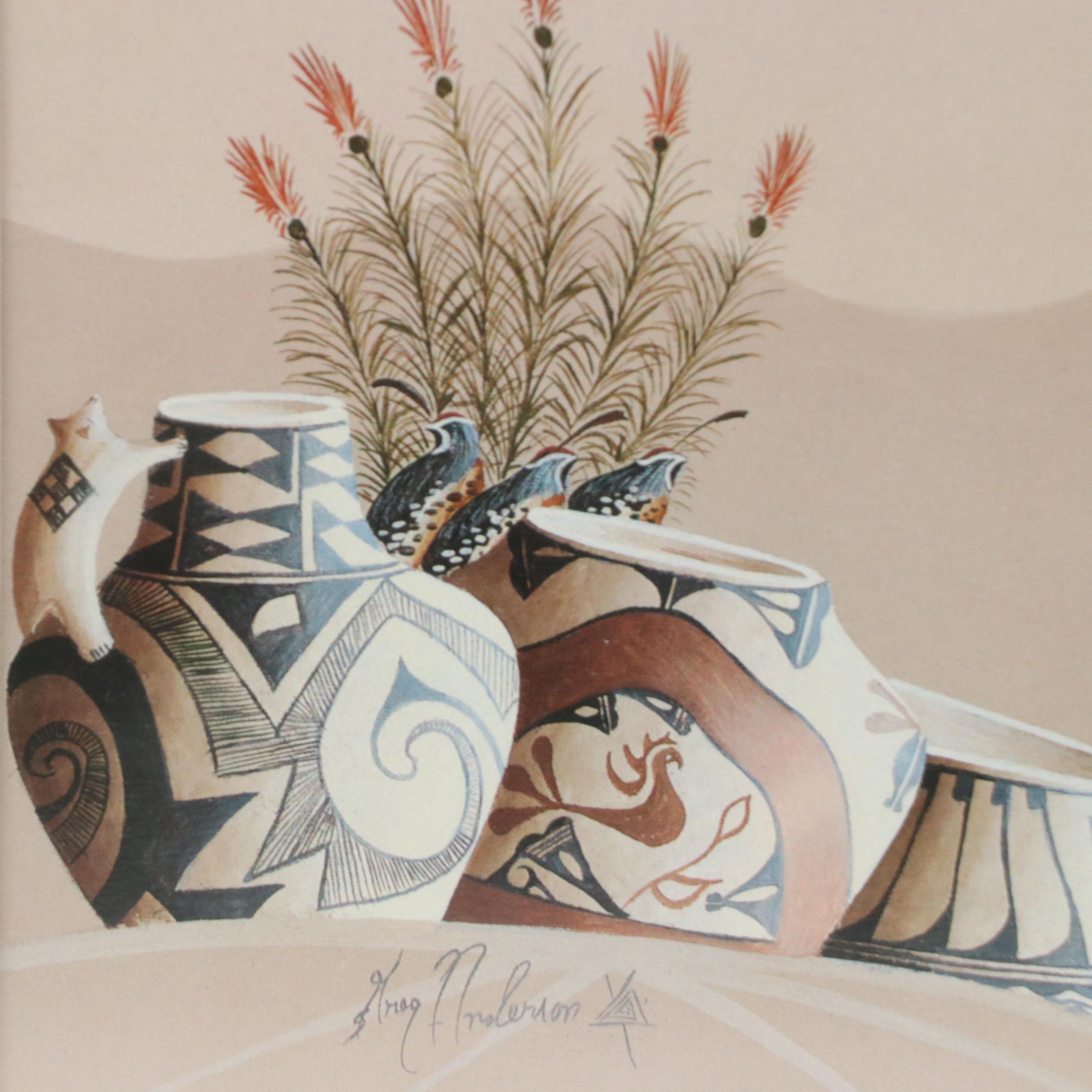 American Southwestern Themed Artwork Including Two Prints and Painted Feather