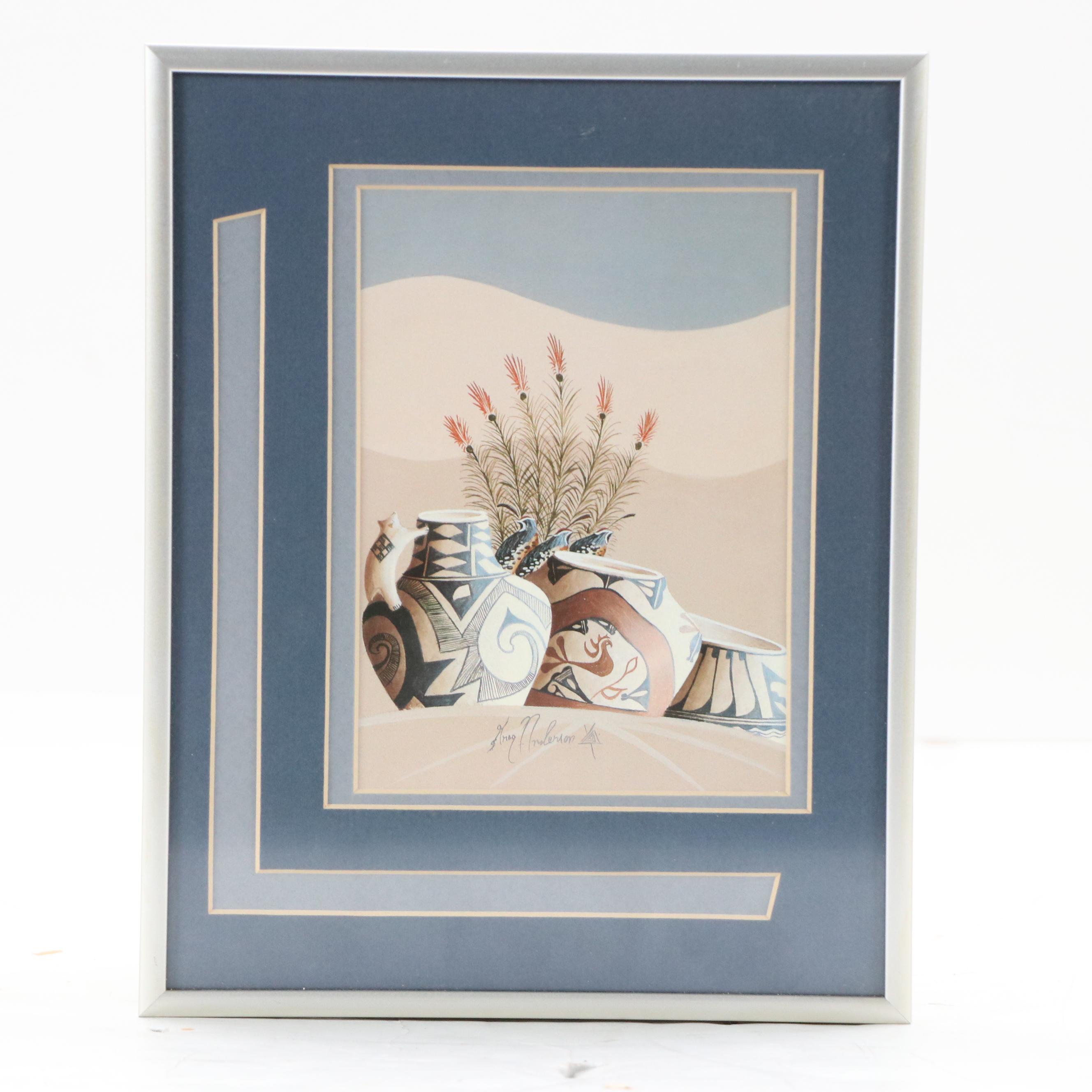 American Southwestern Themed Artwork Including Two Prints and Painted Feather