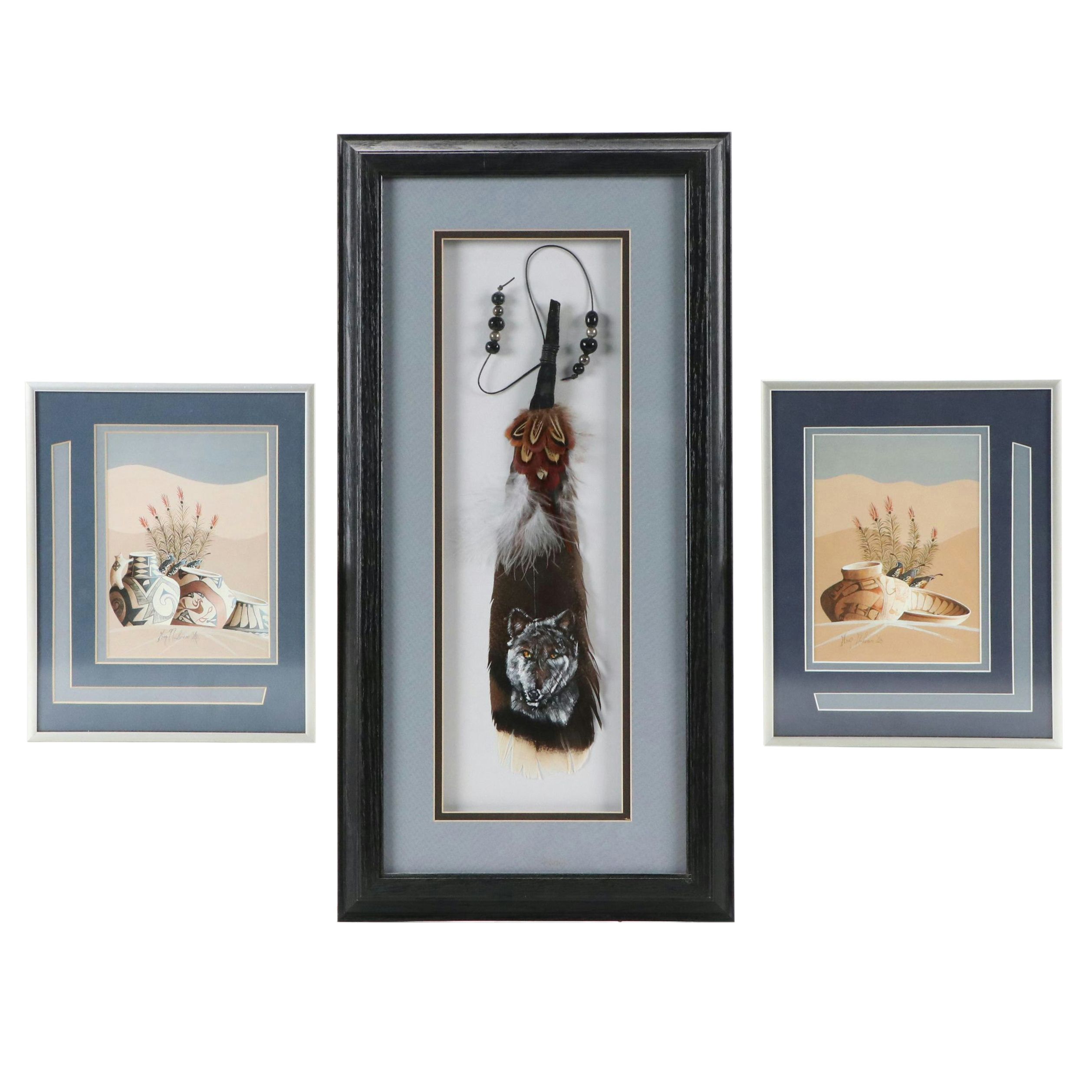 American Southwestern Themed Artwork Including Two Prints and Painted Feather