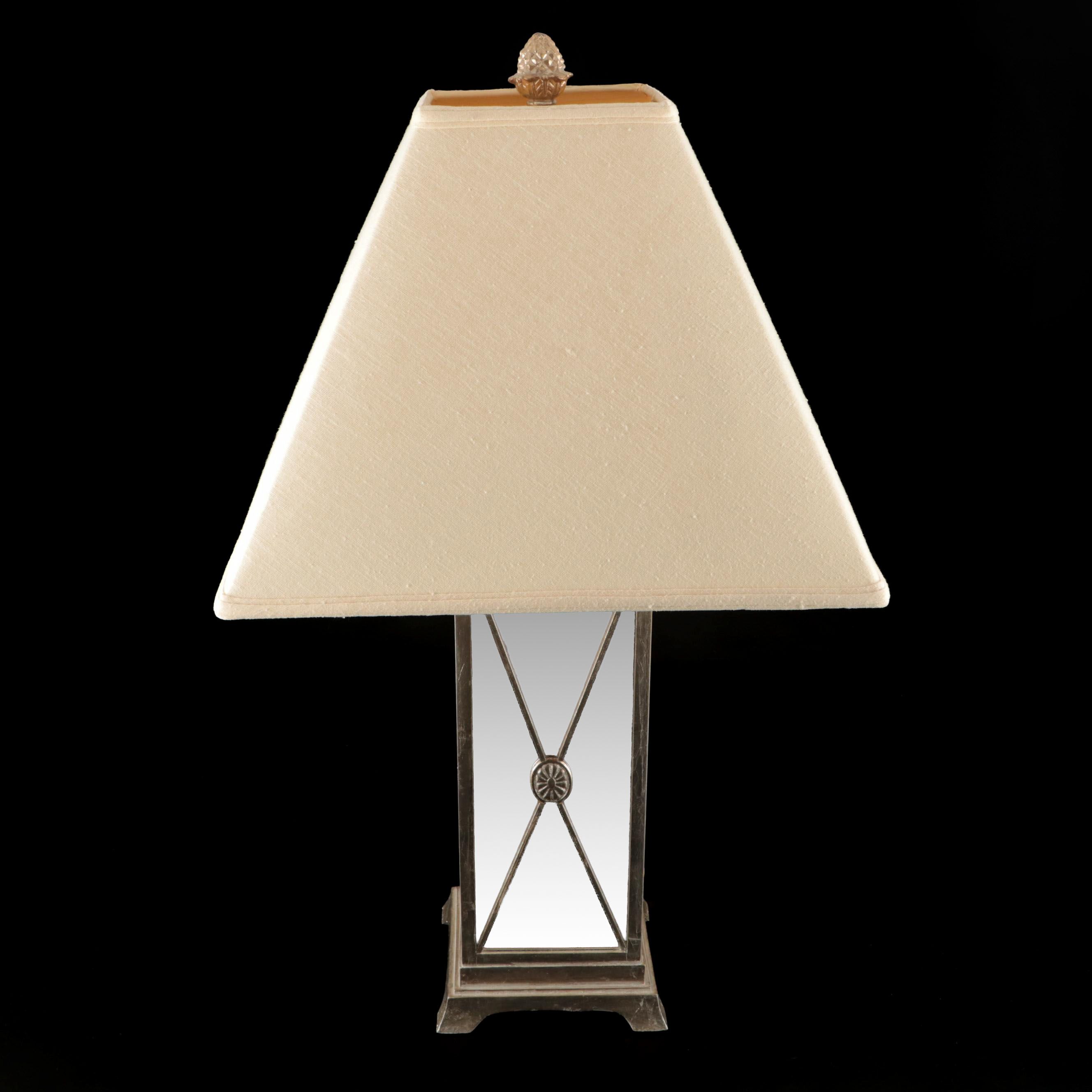 Campaign Style Mirror Panel Table Lamp with Square Pyramid Cotton Shade