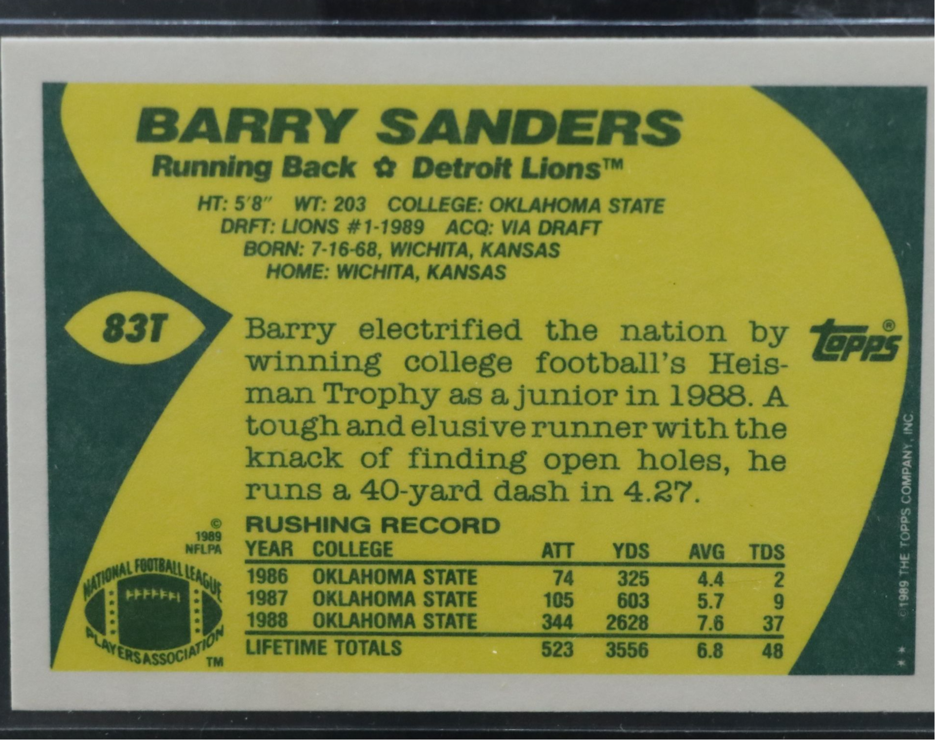 1989 Topps Traded Barry Sanders Detroit Lions Rookie Football Card