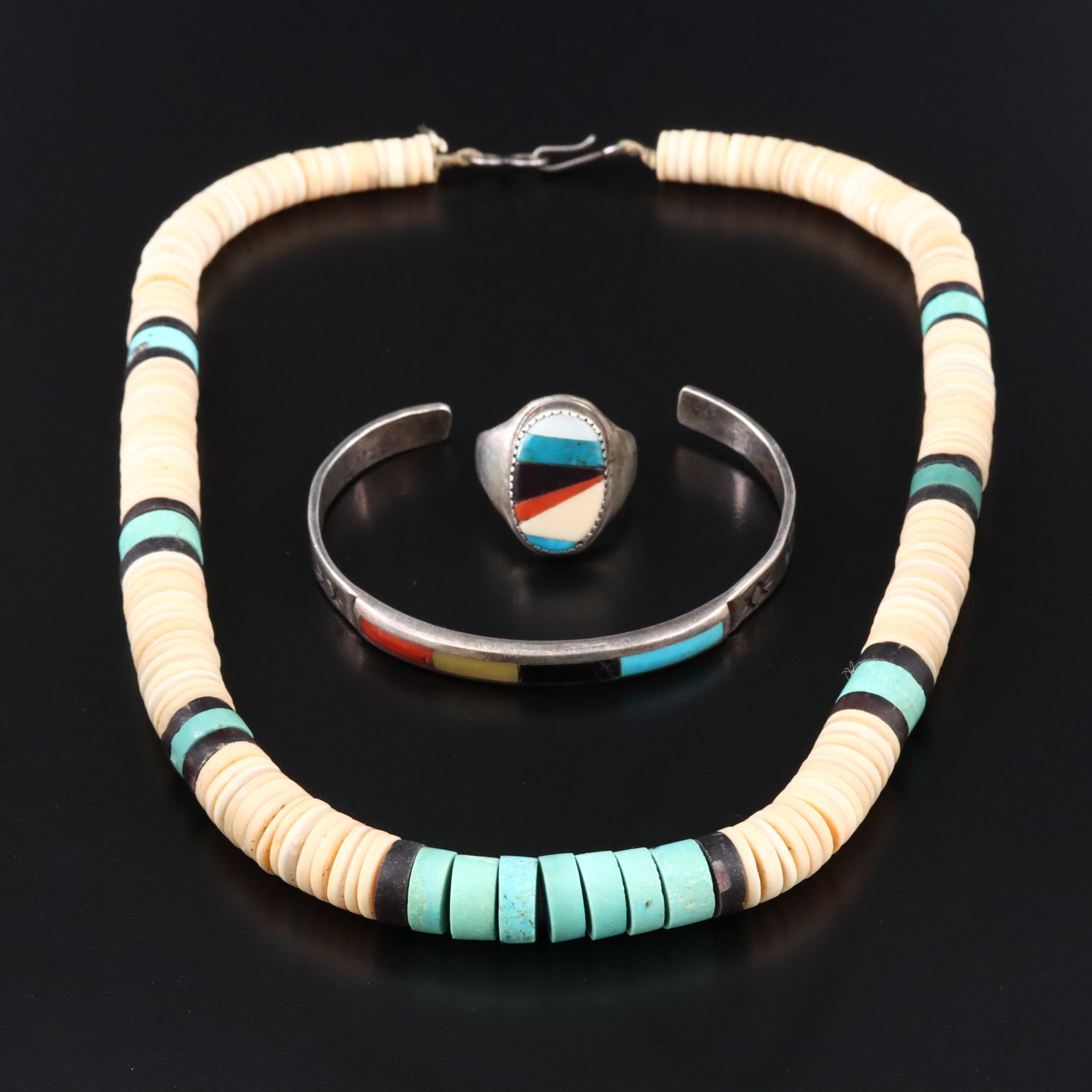 Sterling Inlay Gemstone Ring and Bracelet with Heishi Necklace