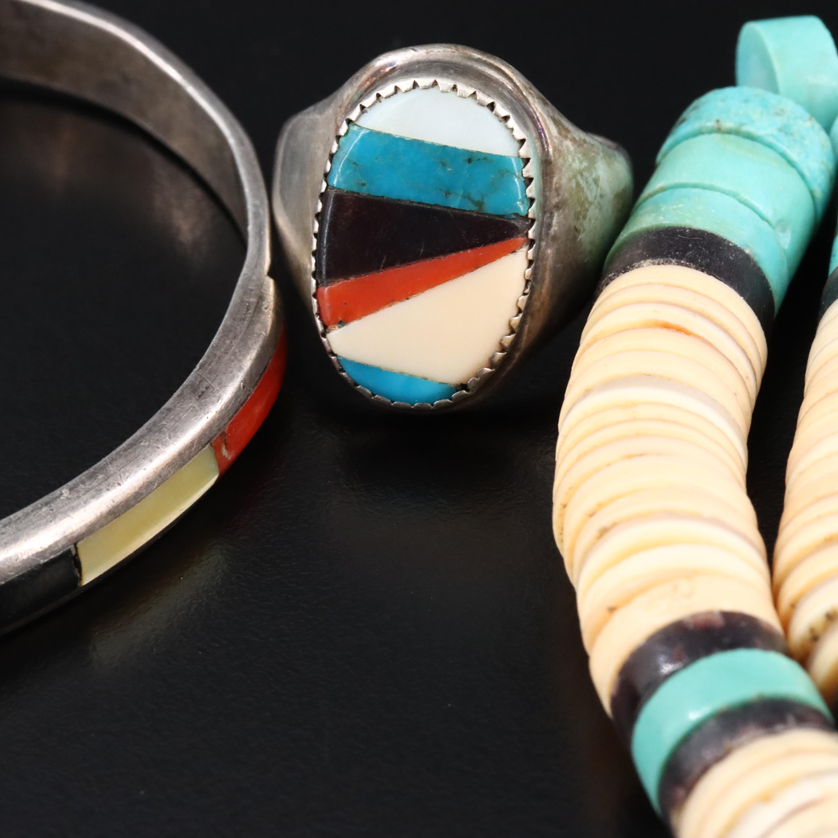 Sterling Inlay Gemstone Ring and Bracelet with Heishi Necklace