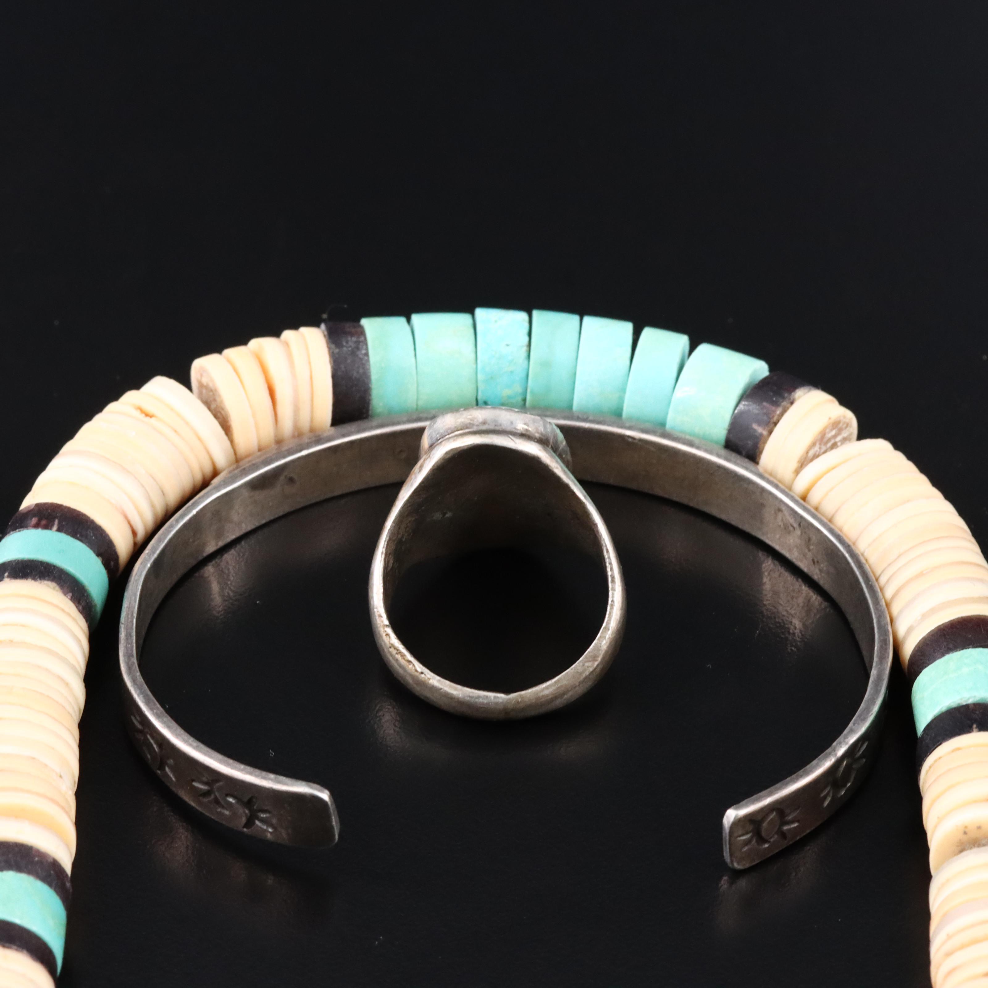 Sterling Inlay Gemstone Ring and Bracelet with Heishi Necklace