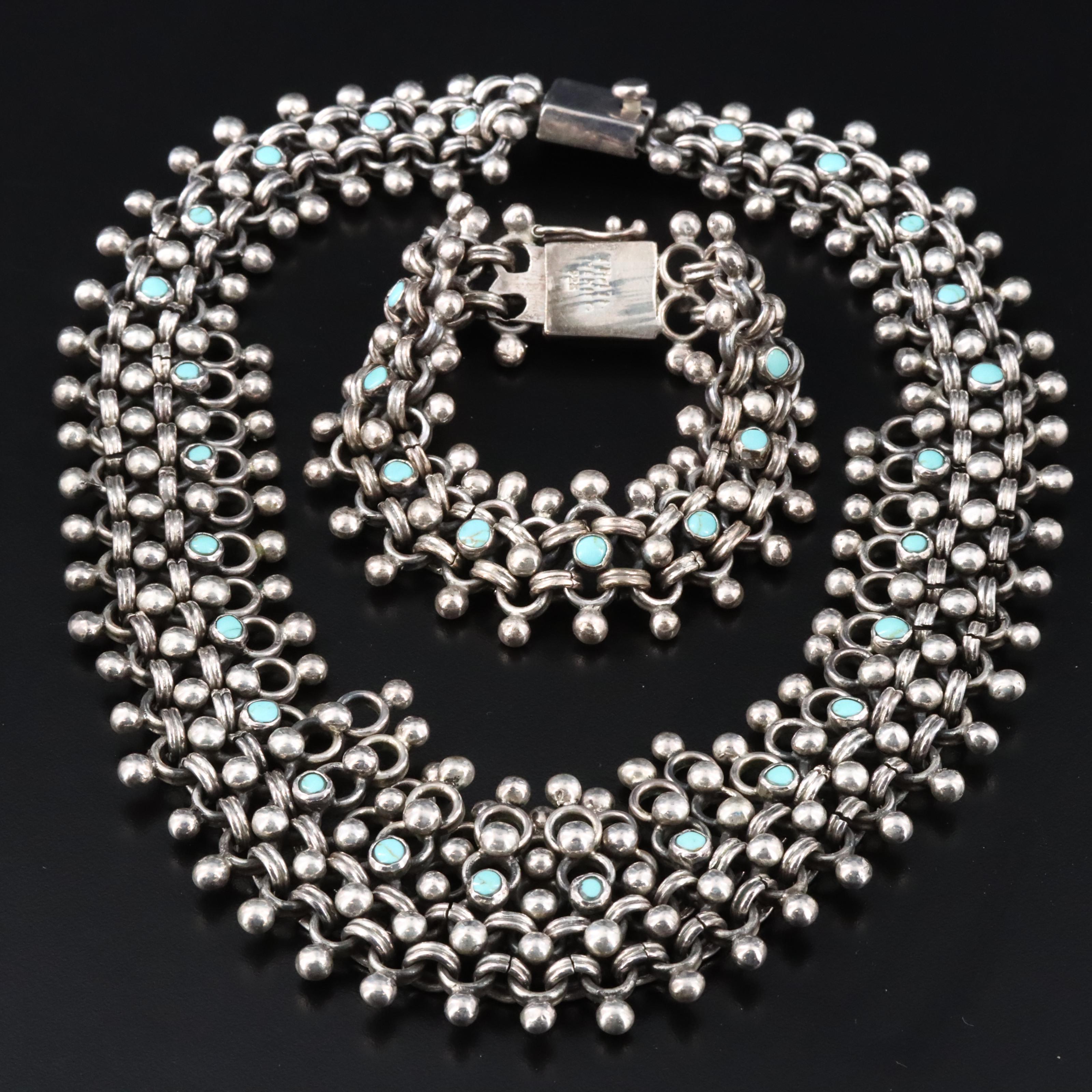 Mexican Sterling Turquoise Necklace and Bracelet Set