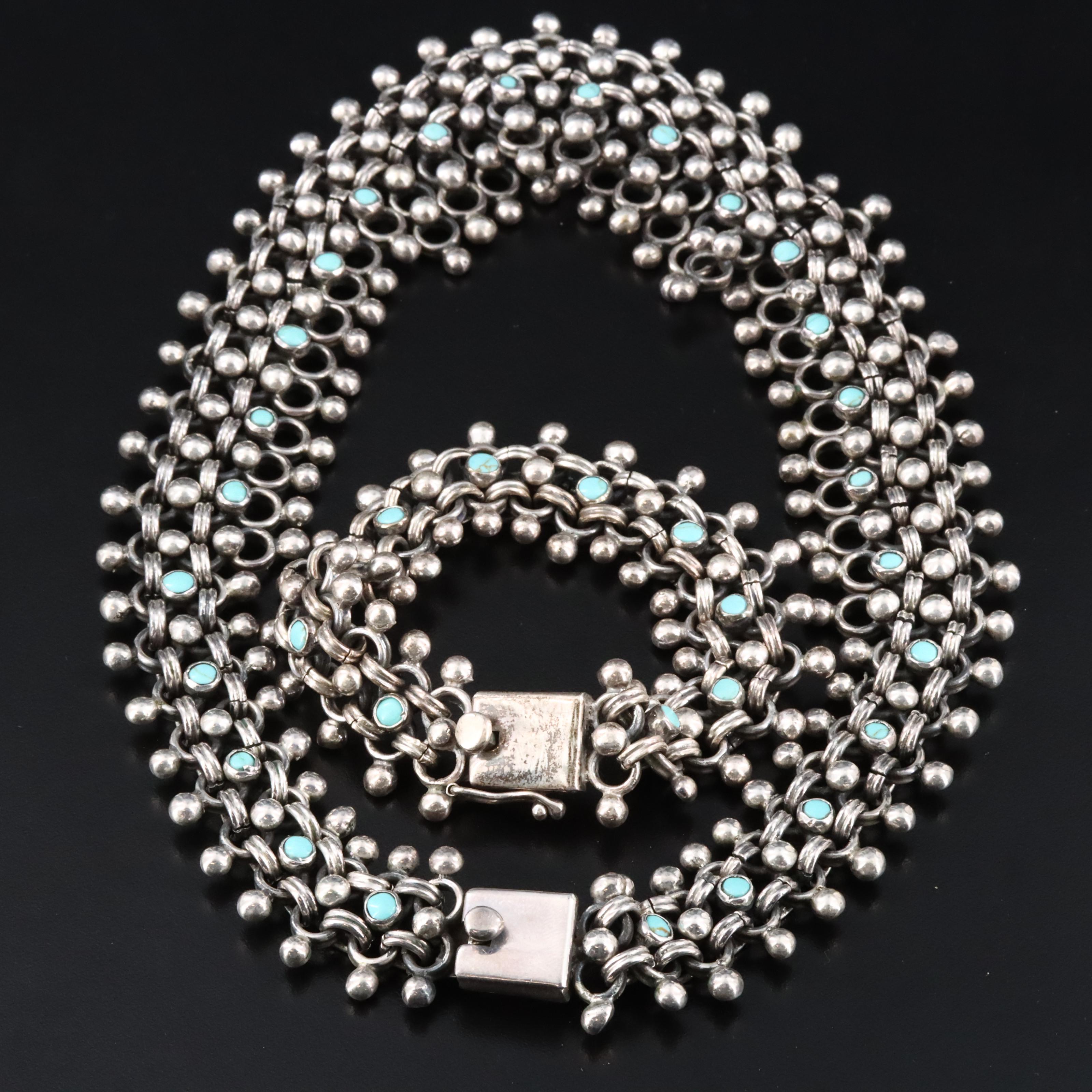 Mexican Sterling Turquoise Necklace and Bracelet Set