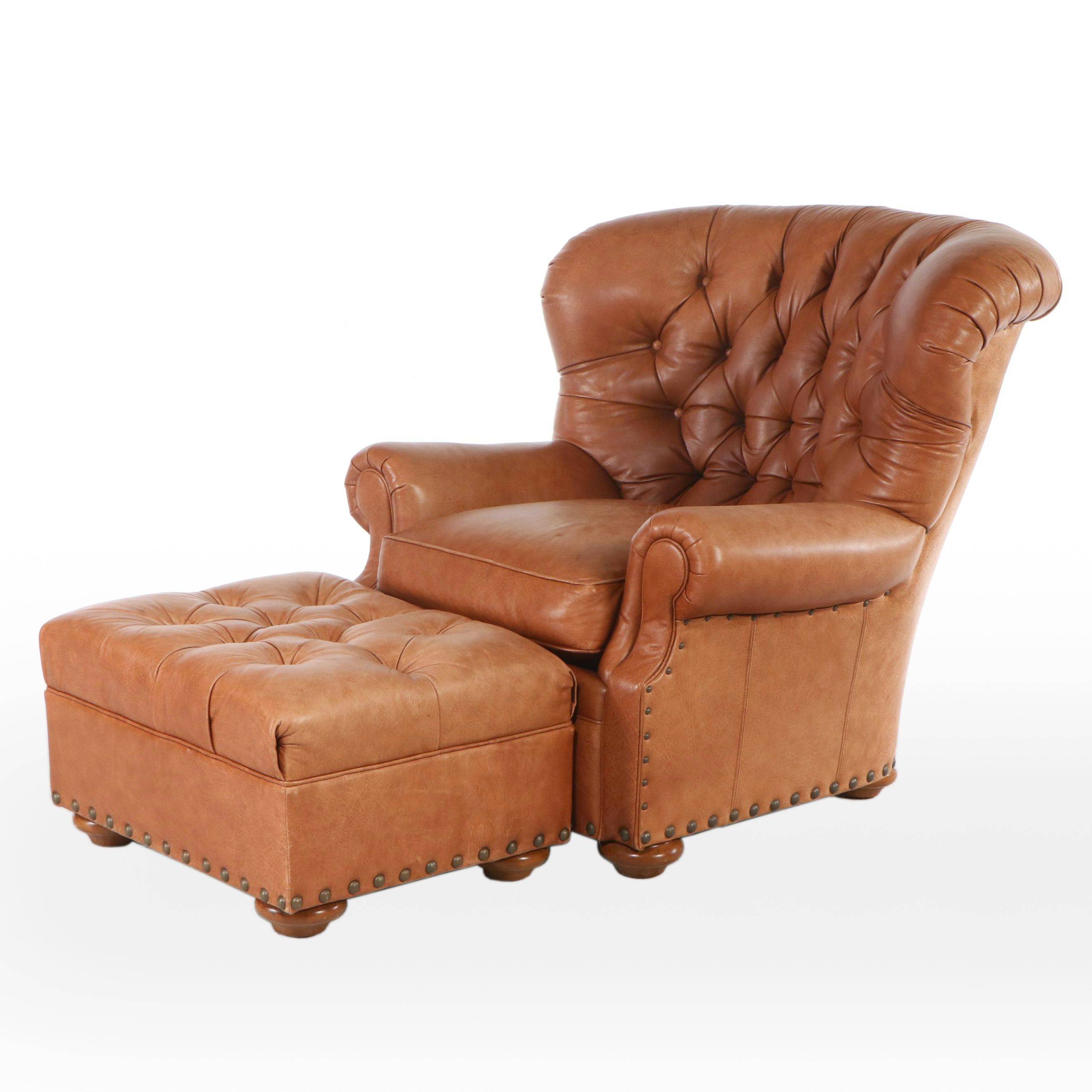 Thomasville Button-Tufted Leather Upholstered Club Chair and Ottoman