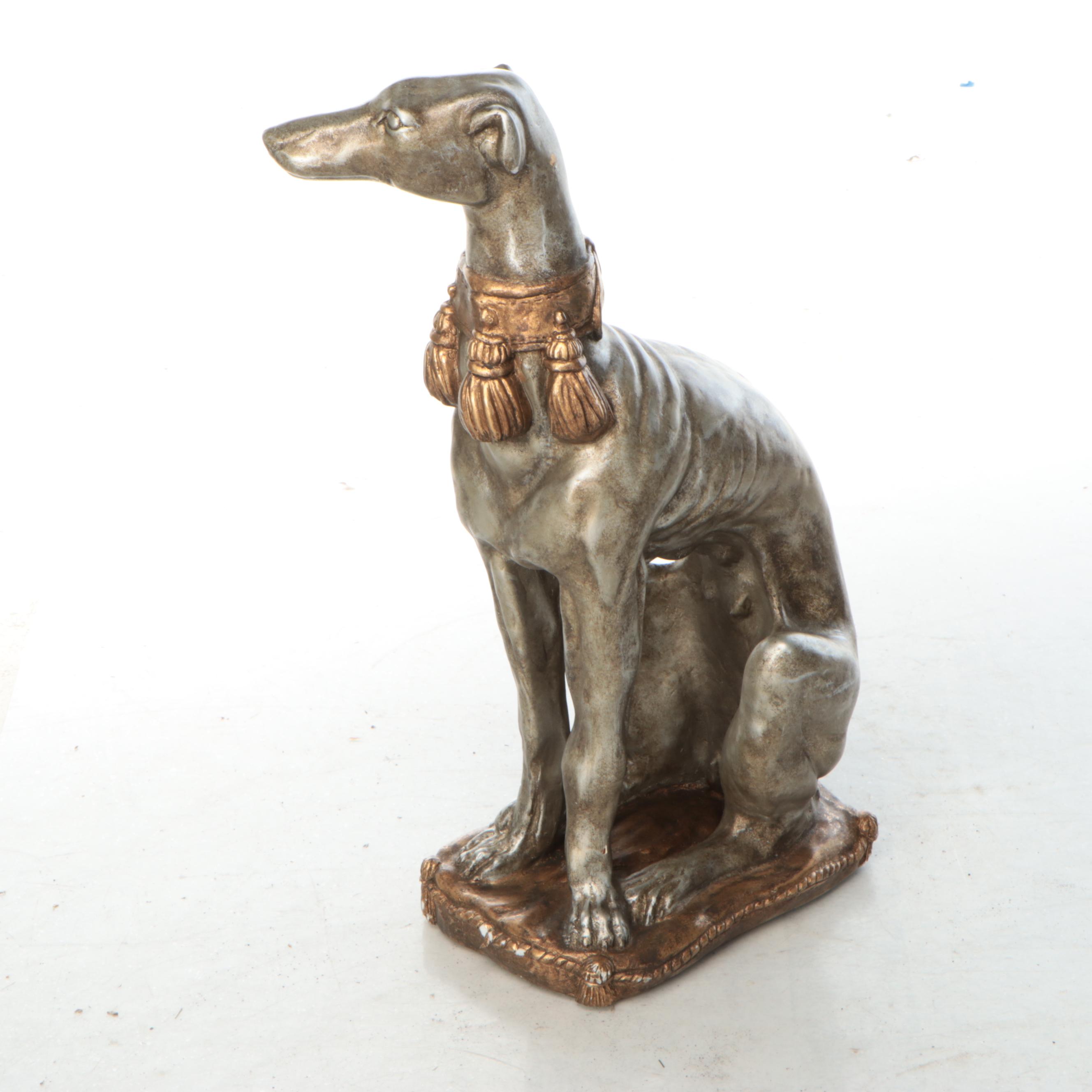 Sitting Whippet Silver Gilt and Bronzed Finish Cast Plaster Sculpture