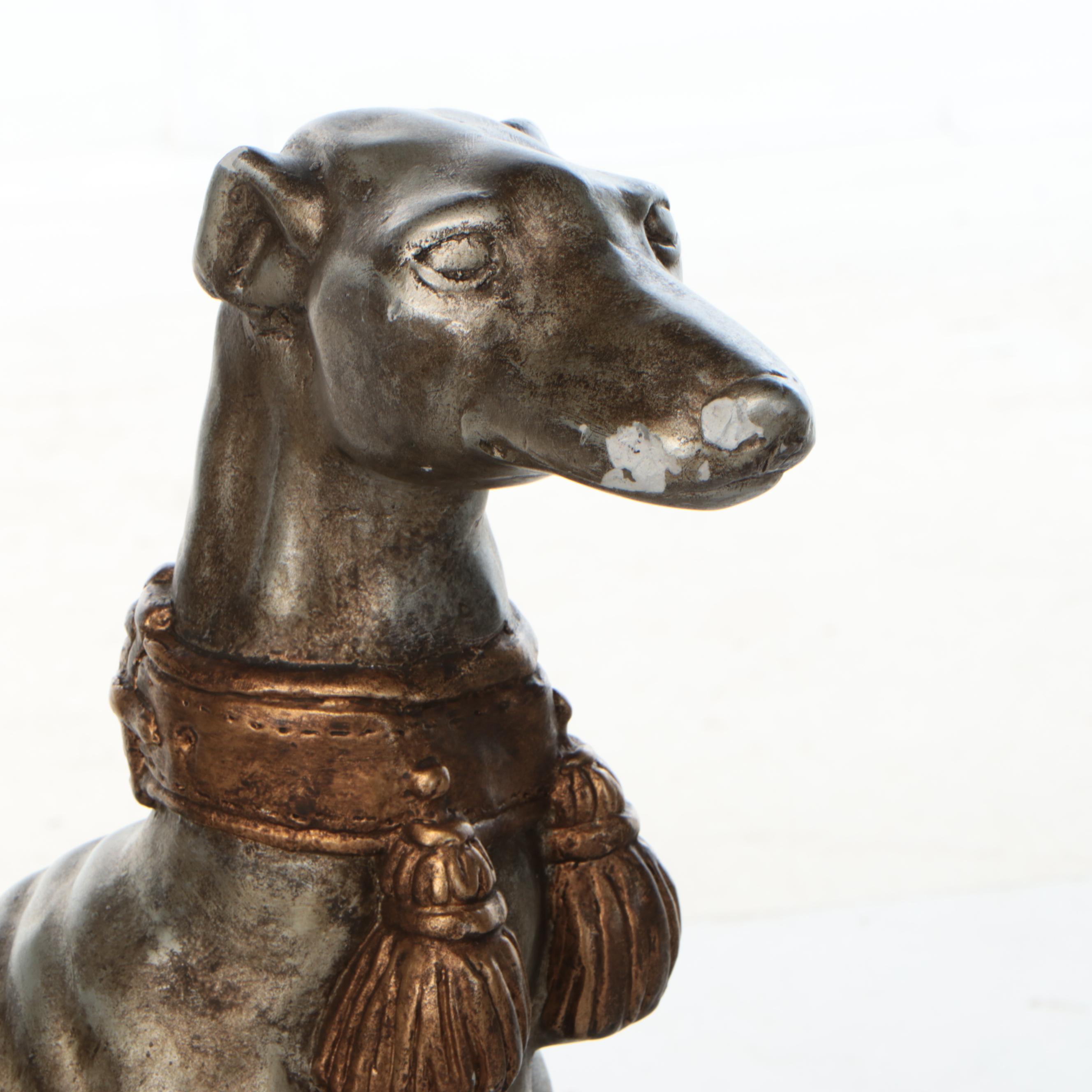 Sitting Whippet Silver Gilt and Bronzed Finish Cast Plaster Sculpture
