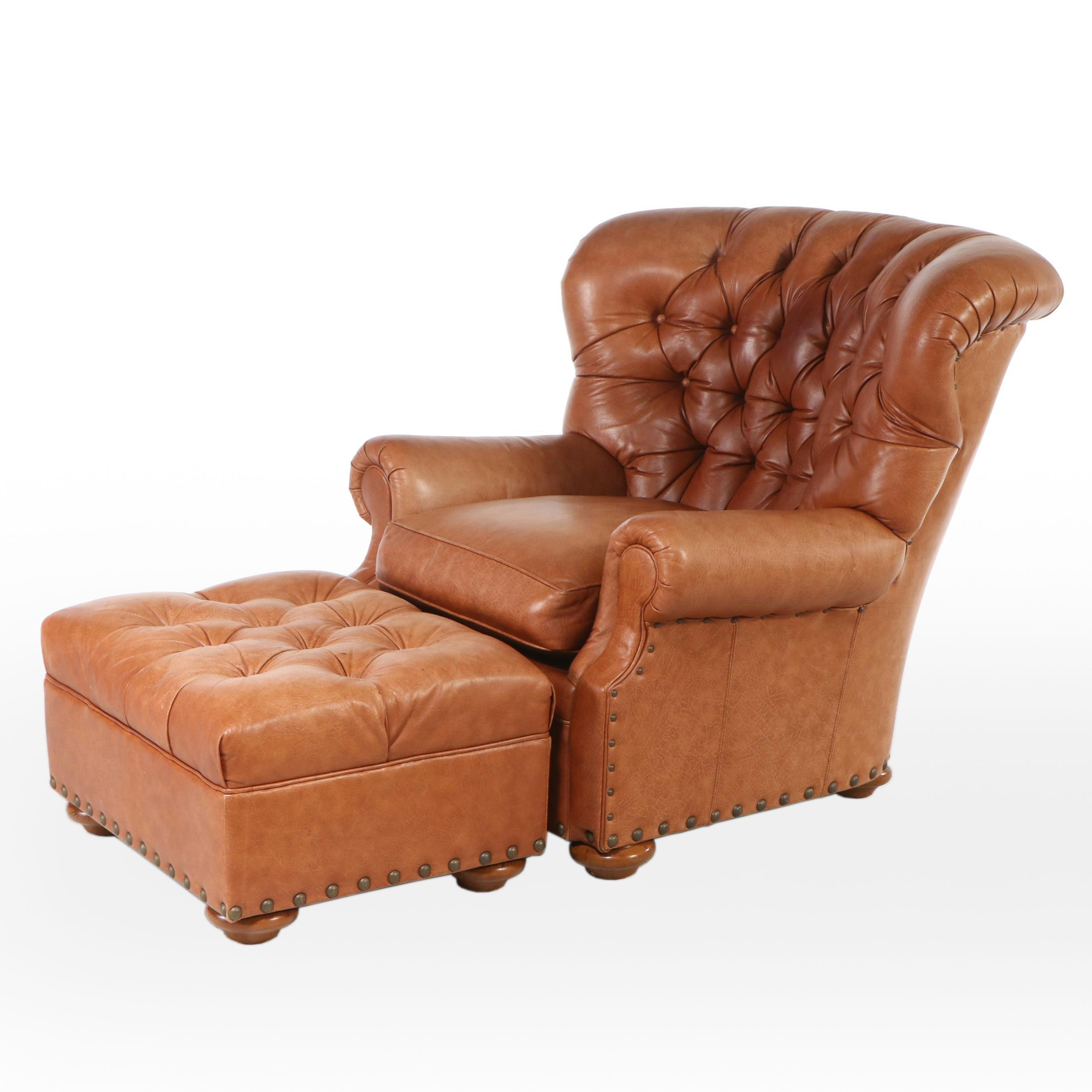 Thomasville Button-Tufted Leather Upholstered Club Chair and Ottoman