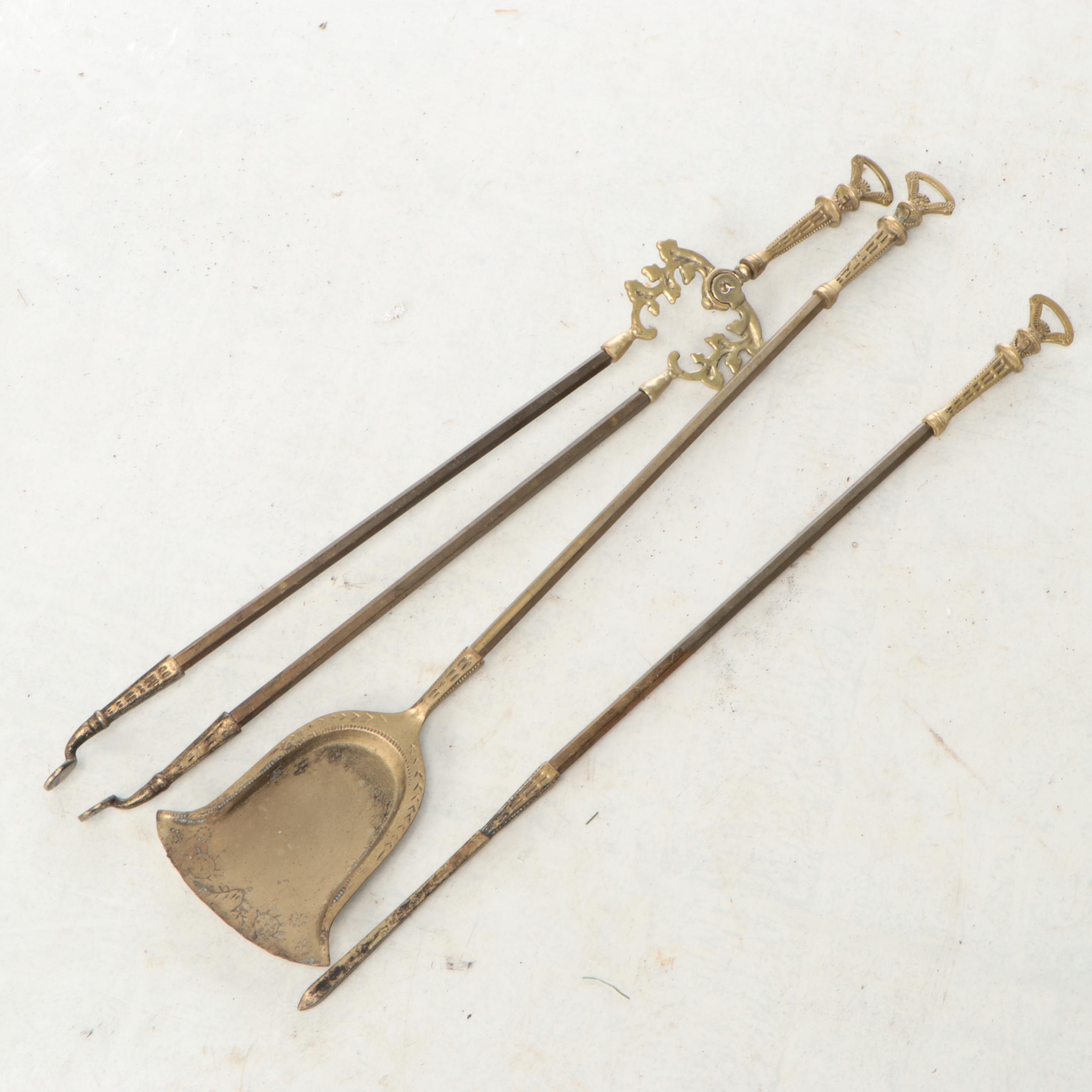Art Nouveau Brass Finished Fireplace Tool Set