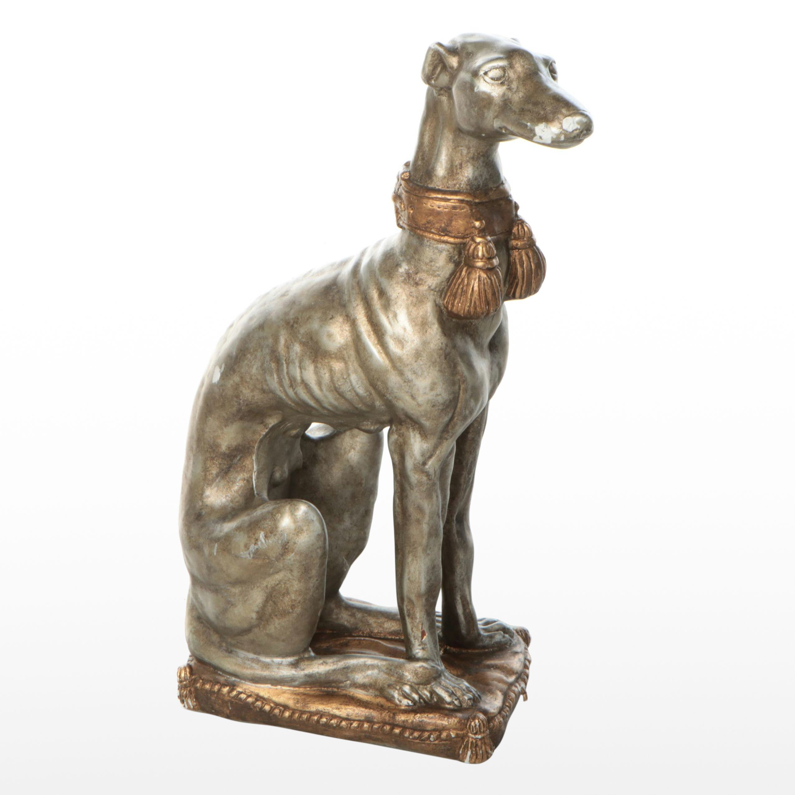 Sitting Whippet Silver Gilt and Bronzed Finish Cast Plaster Sculpture