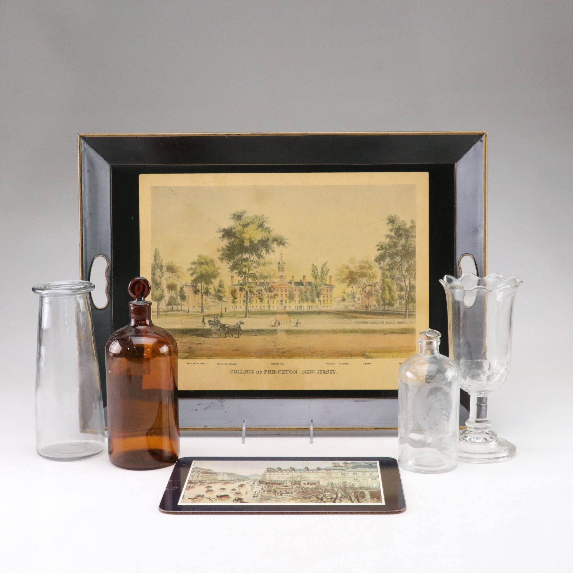 Nashco Metal Tray With Apothecary Bottles, Milk Bottle and More